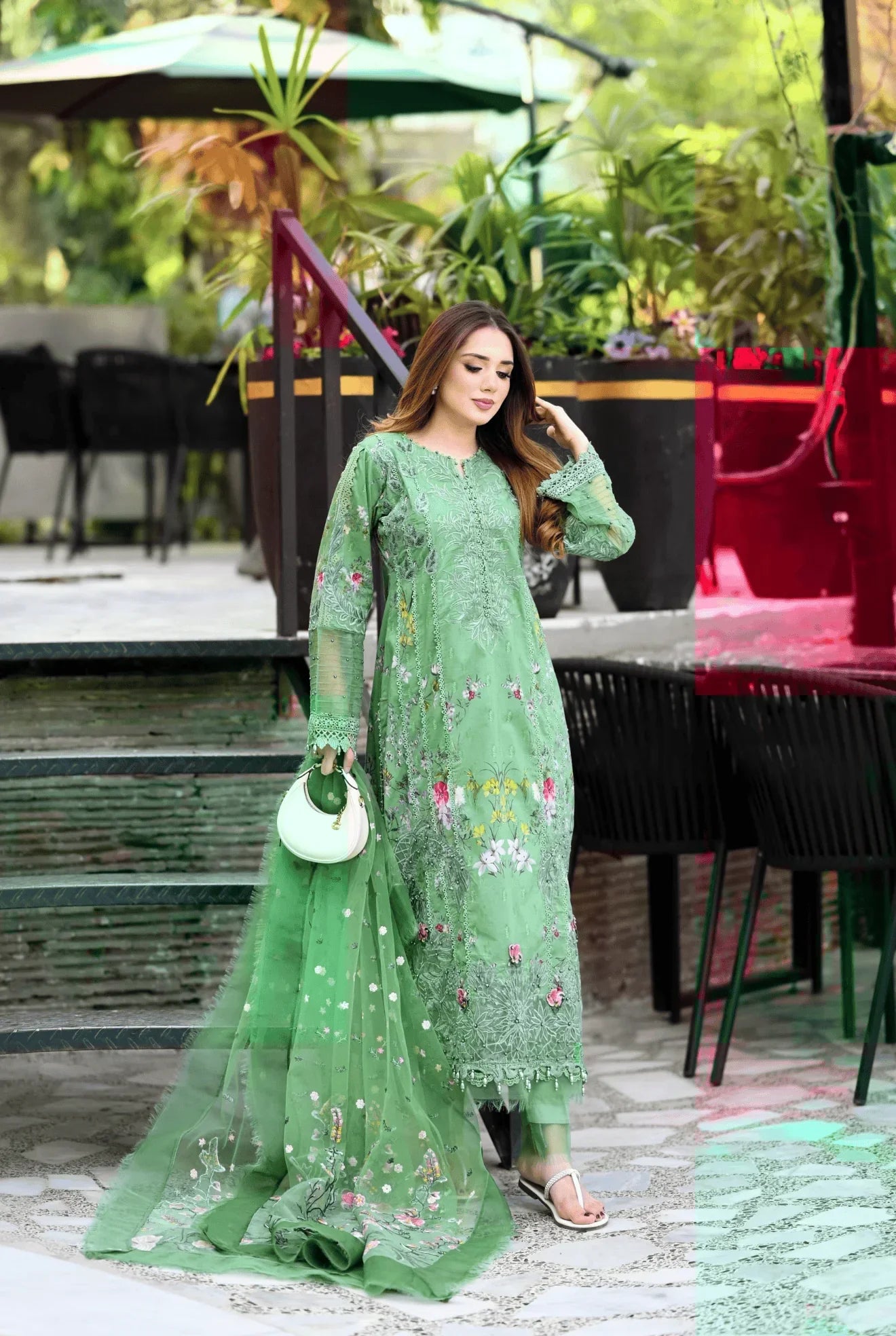 Green Printed Shirt with Organza Pants & Dupatta | Elegant Festive Wear