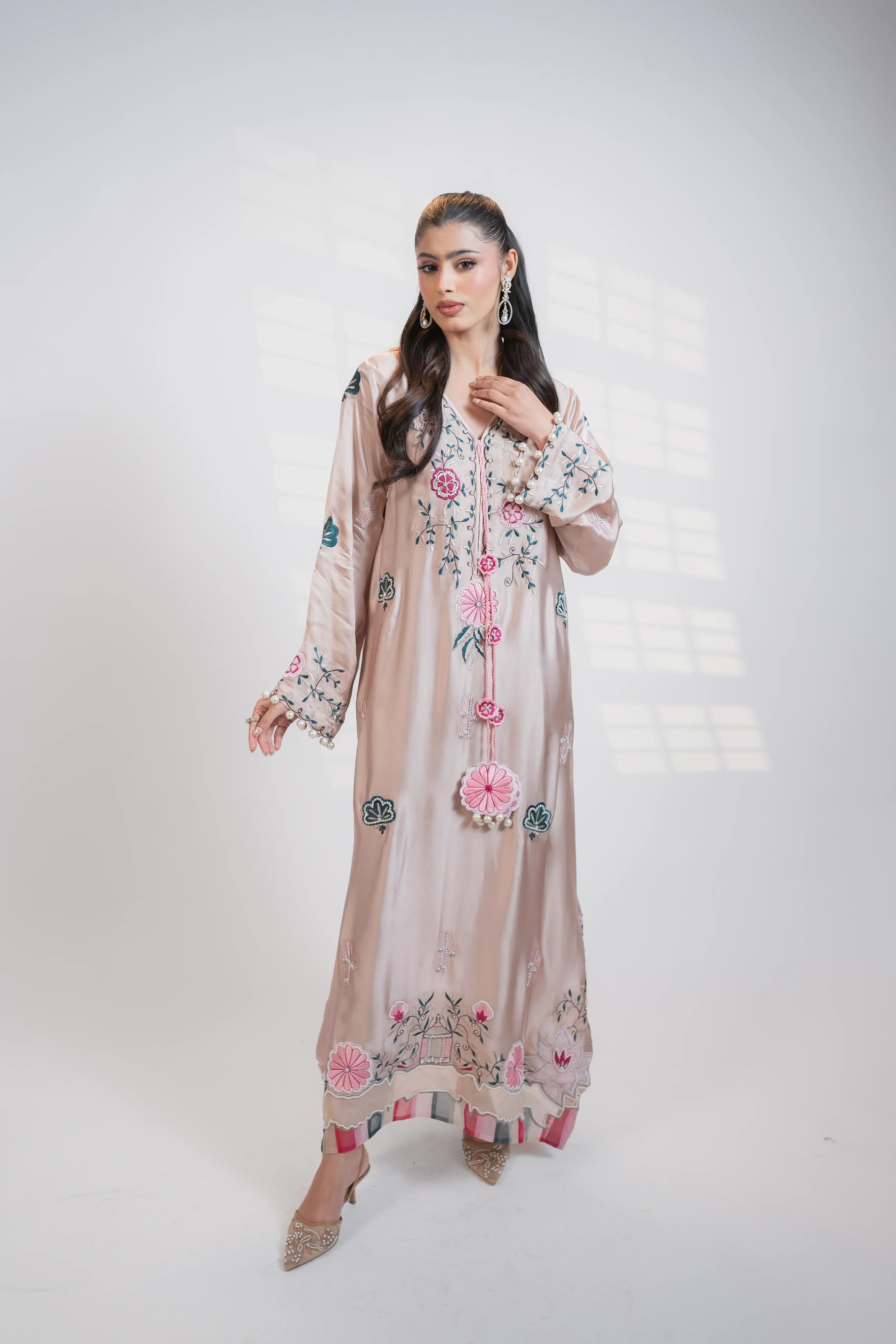 Nude Pink 2PC Kaftan Set A Timeless Multi-Piece Embroidered Statement