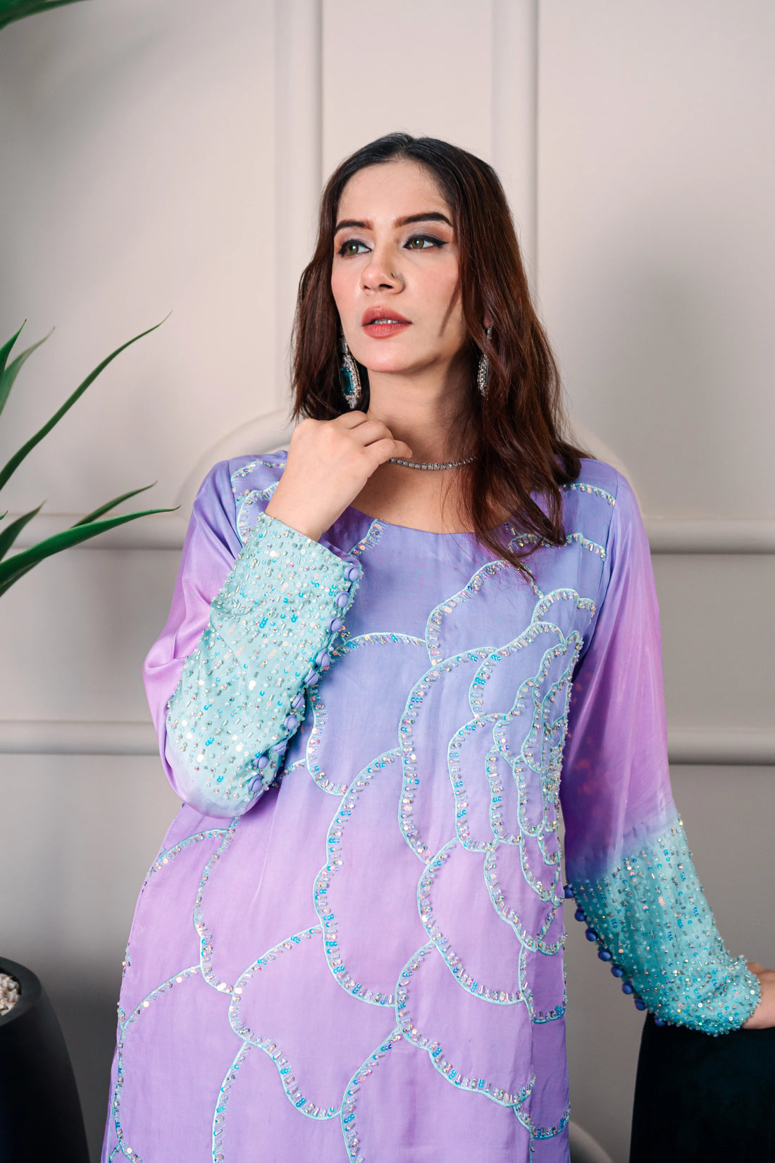 3 Piece Stiched Lilac-Aqua Ombré Silk Suit (Pret)