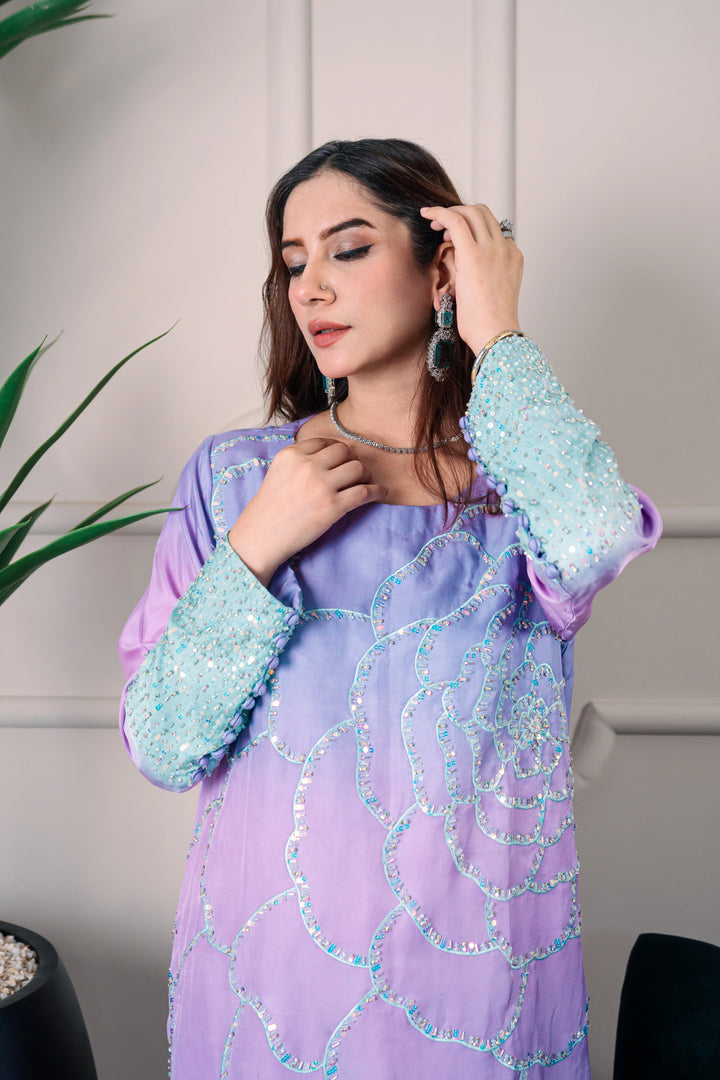 3 Piece Stiched Lilac-Aqua Ombré Silk Suit (Pret)