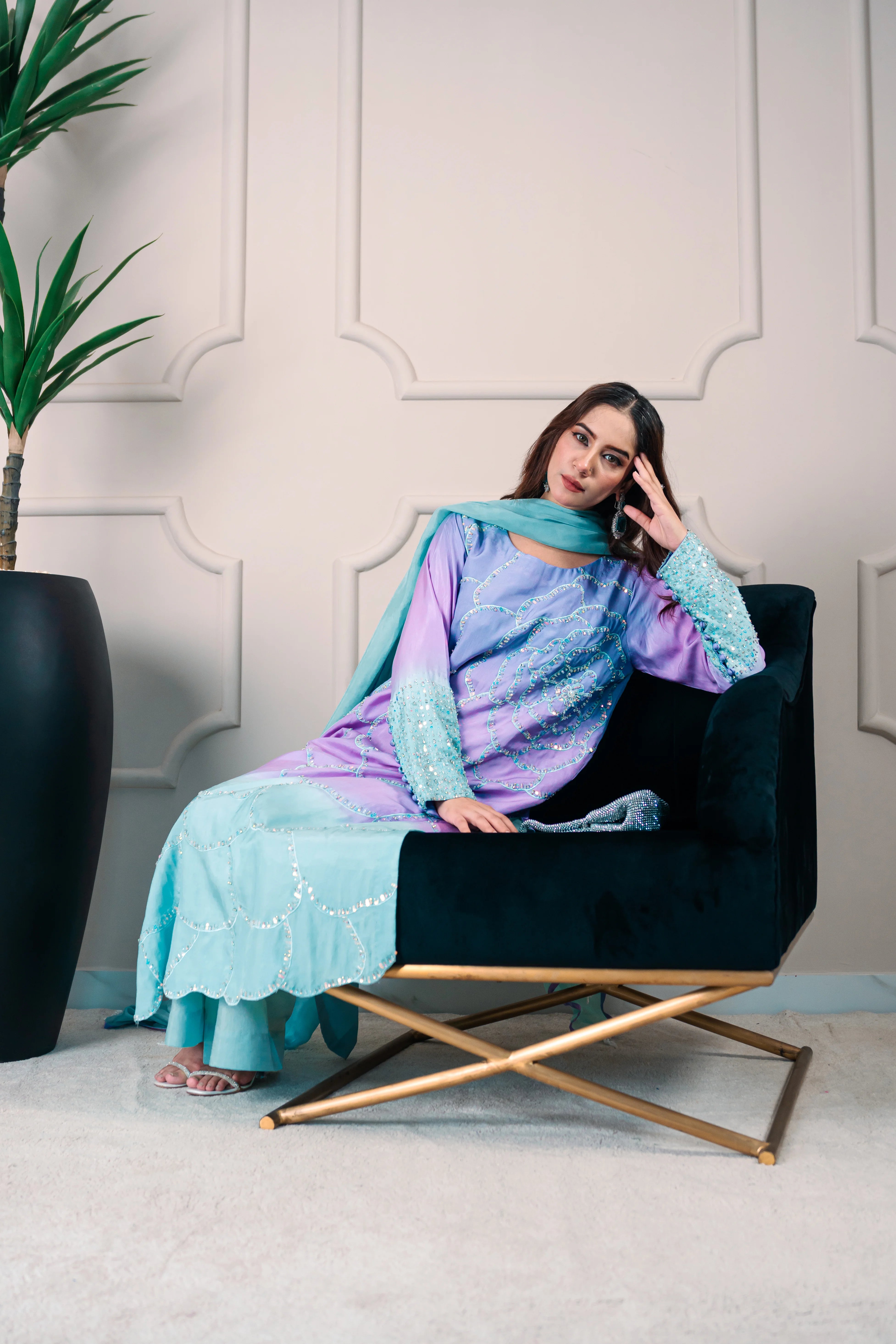 3 Piece Stiched Lilac-Aqua Ombré Silk Suit (Pret)