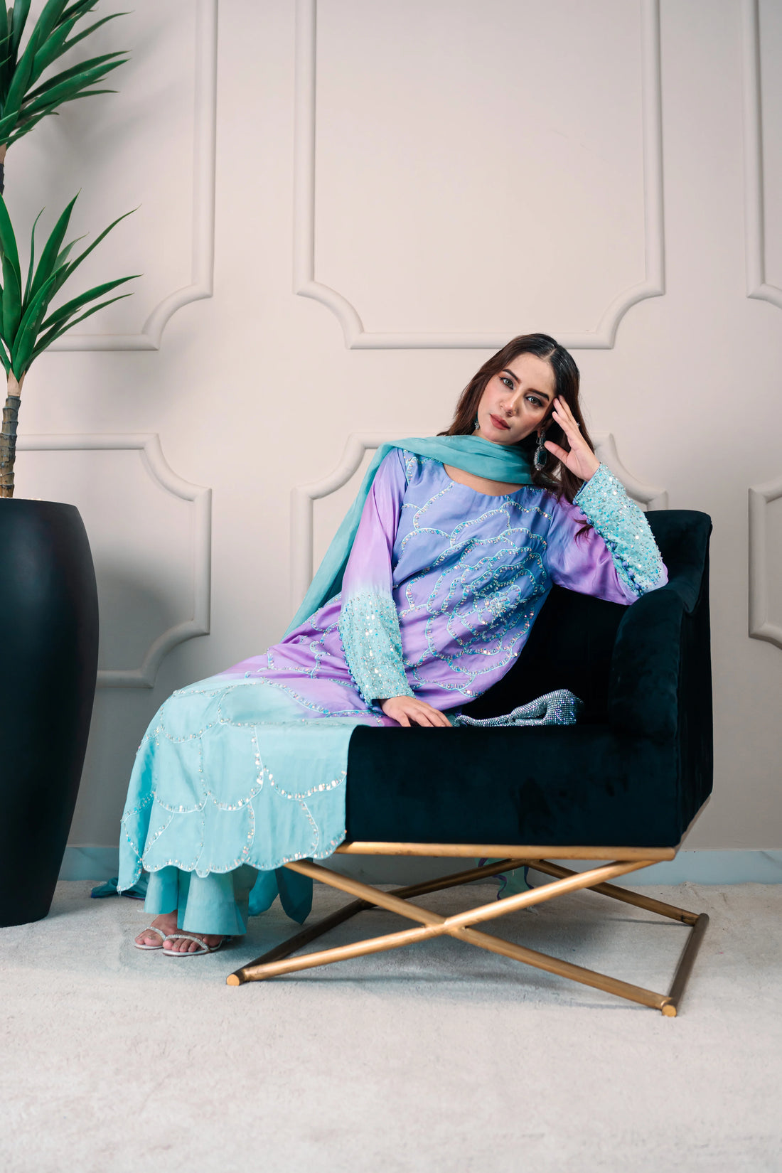 3 Piece Stiched Lilac-Aqua Ombré Silk Suit (Pret)