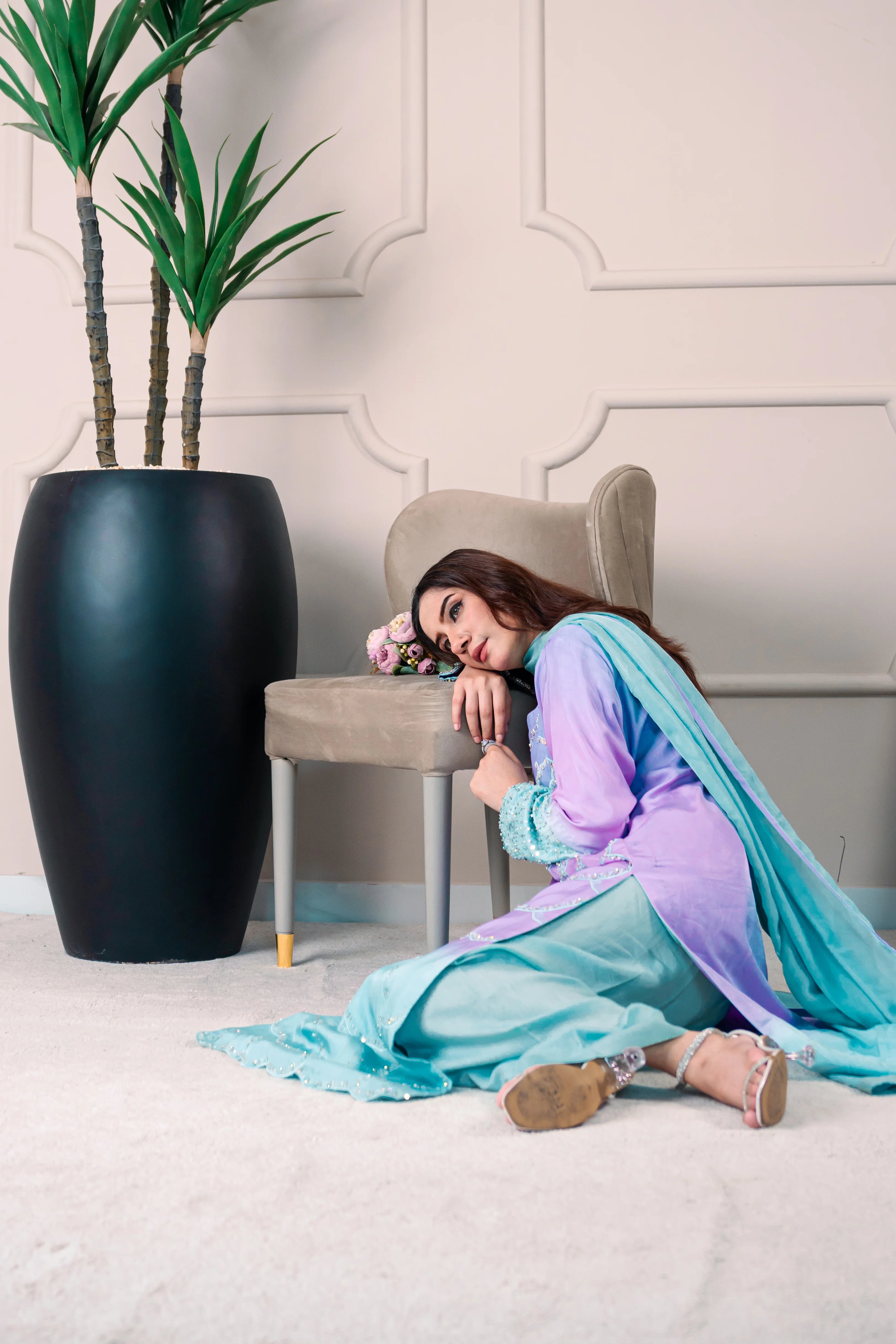 3 Piece Stiched Lilac-Aqua Ombré Silk Suit (Pret)