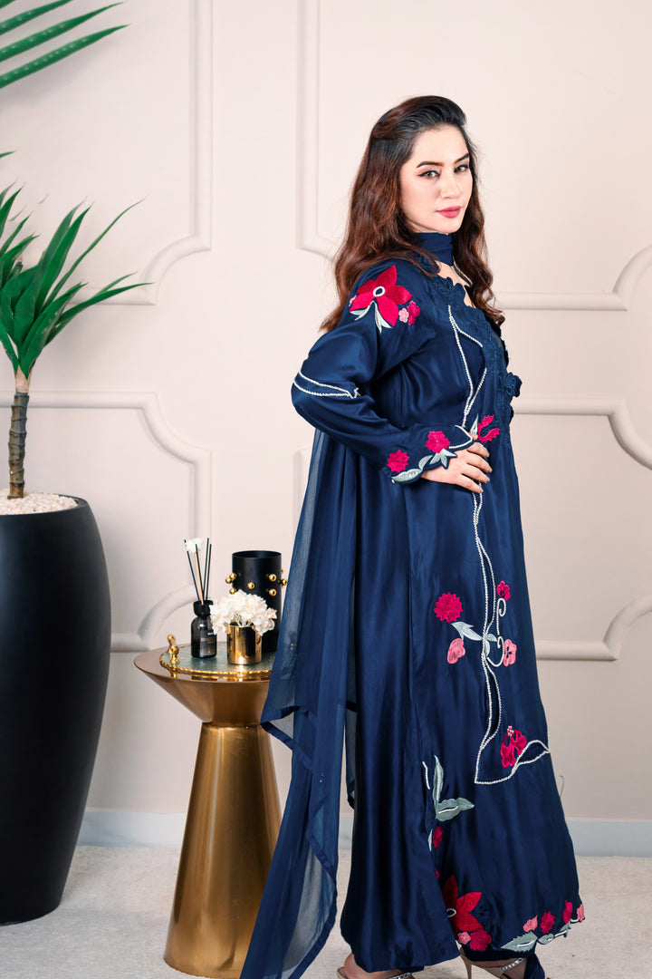 3 Piece Stiched Navy Silk Suit (Pret)