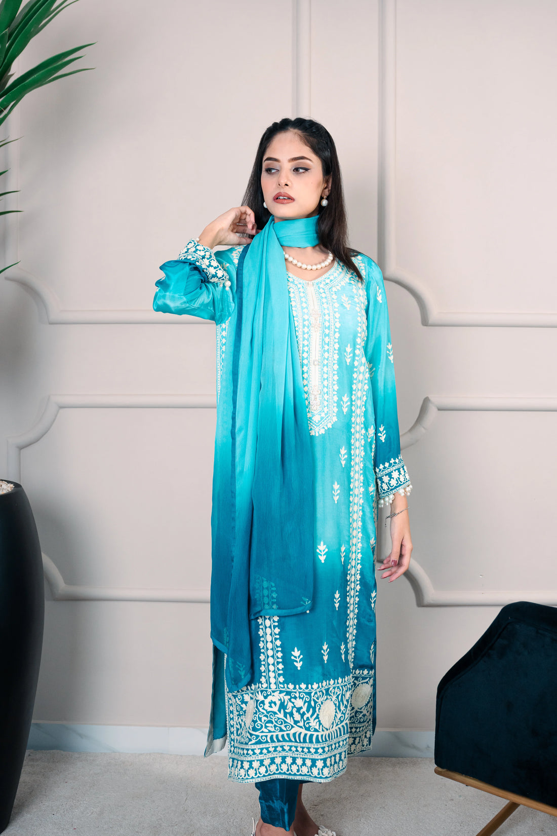 3 Piece Stiched Ombré Silk Suit (Pret)