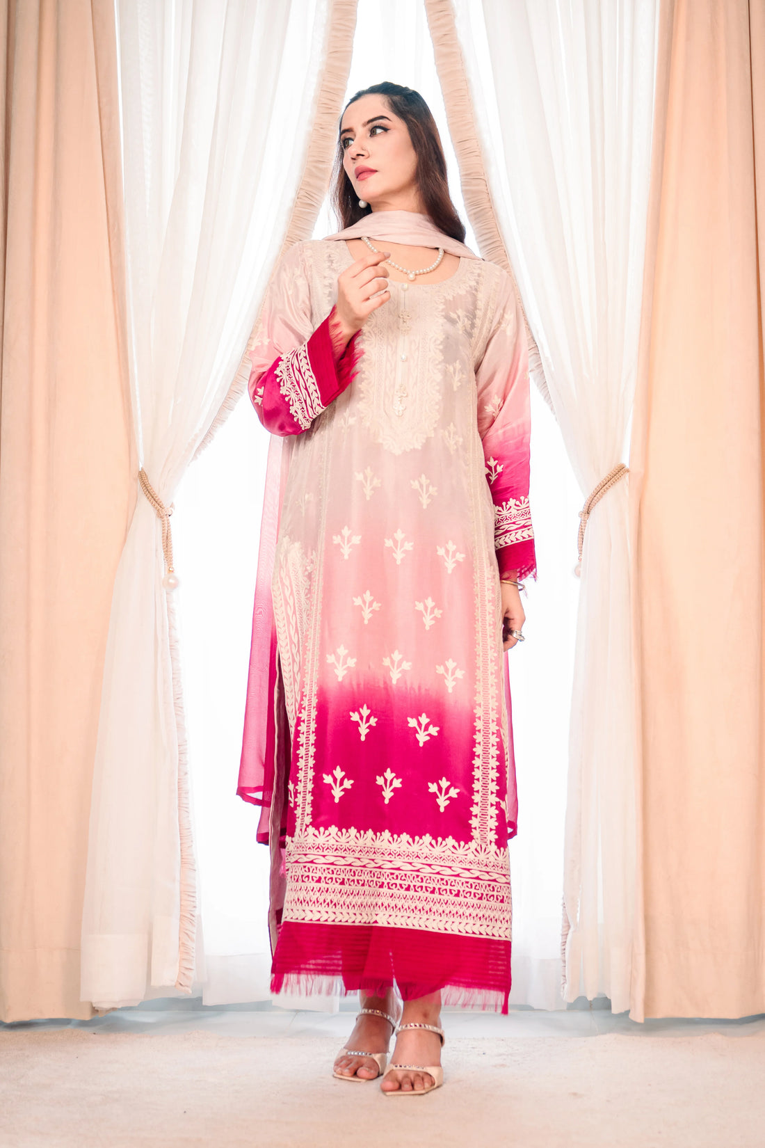 3 Piece Stiched Ombré Silk Suit (Pret)