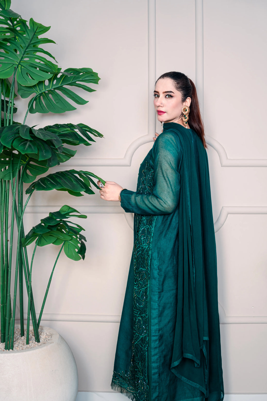 3 Piece Stiched Jade Green Silk Suit (Pret)