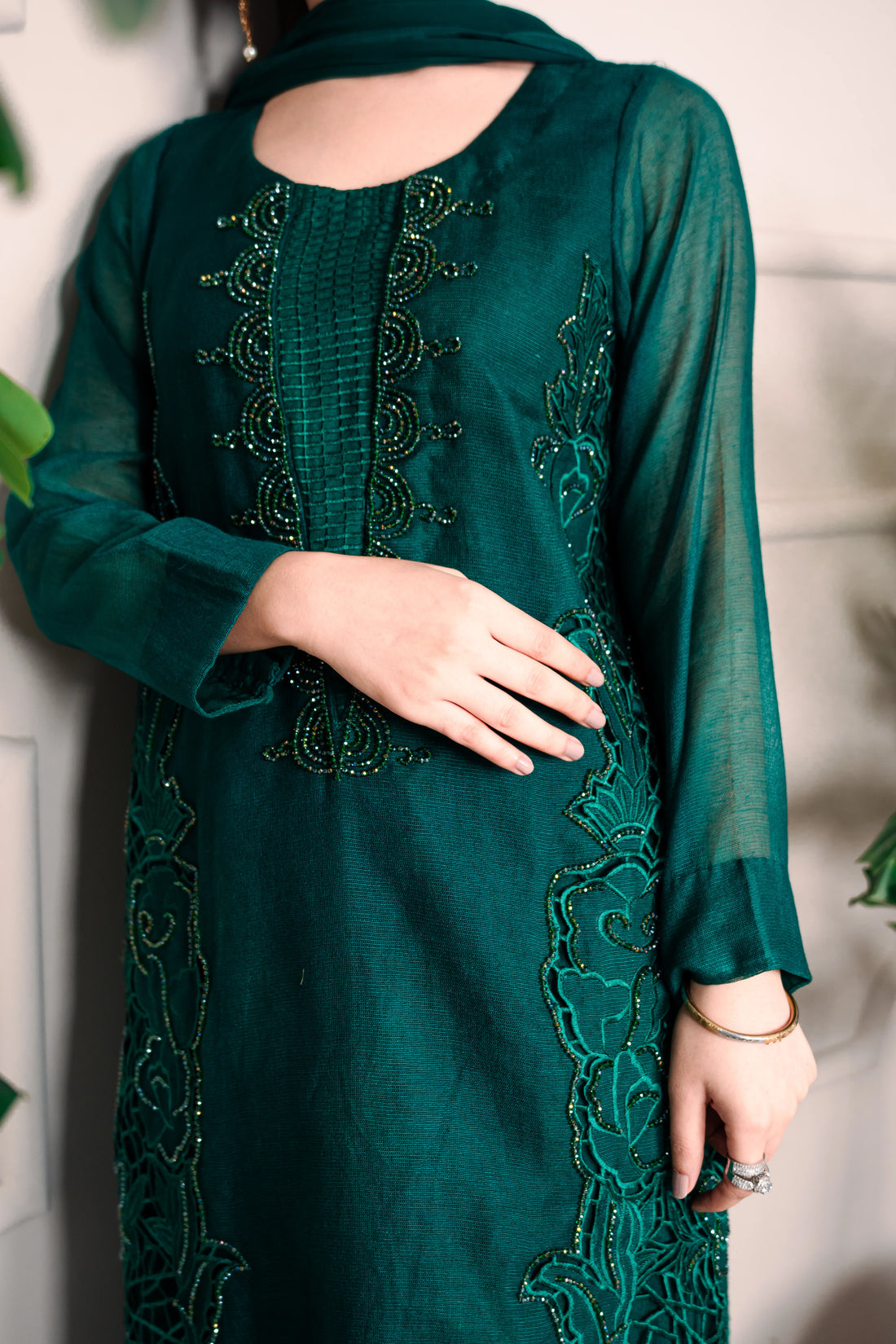 3 Piece Stiched Jade Green Silk Suit (Pret)
