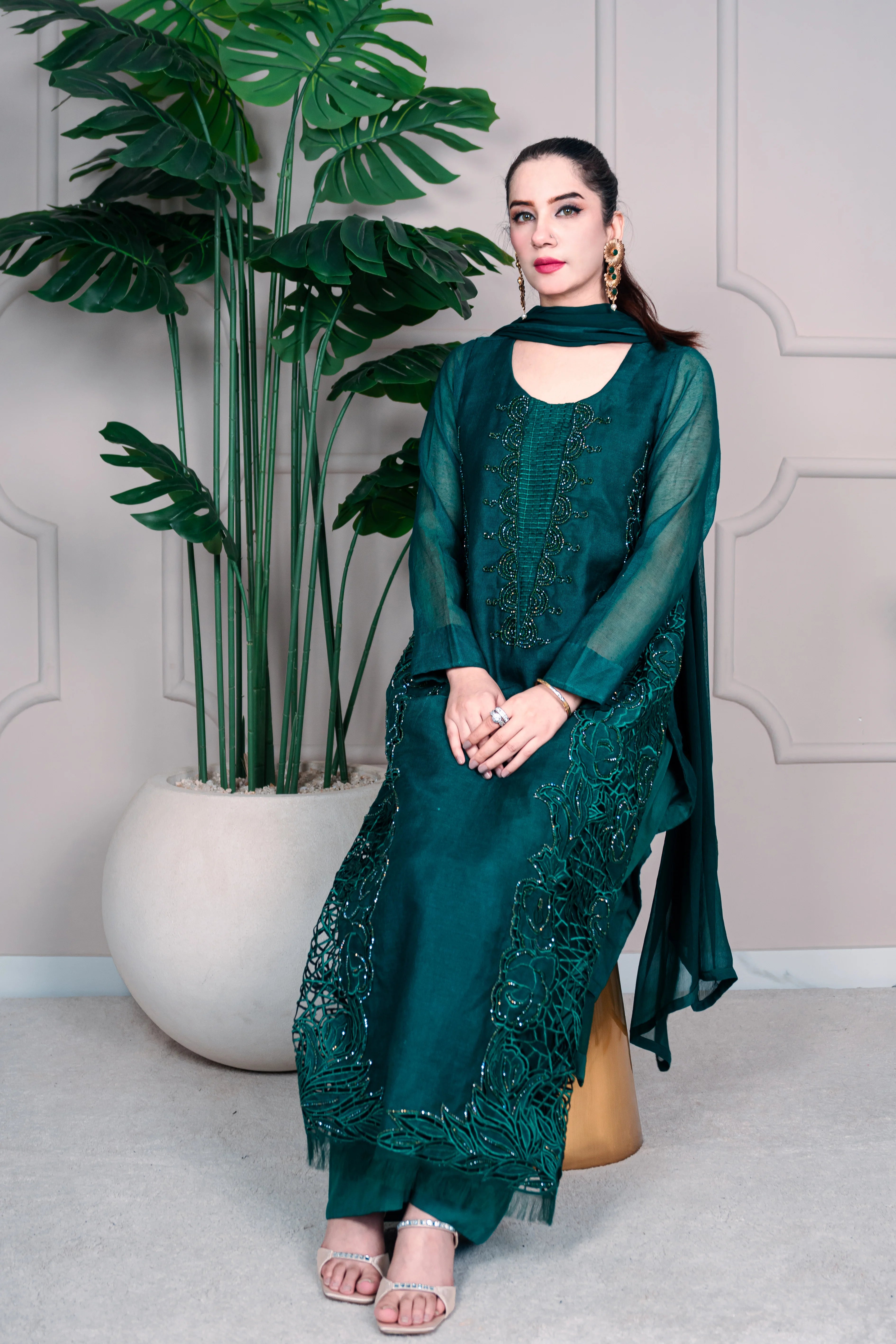 3 Piece Stiched Jade Green Silk Suit (Pret)