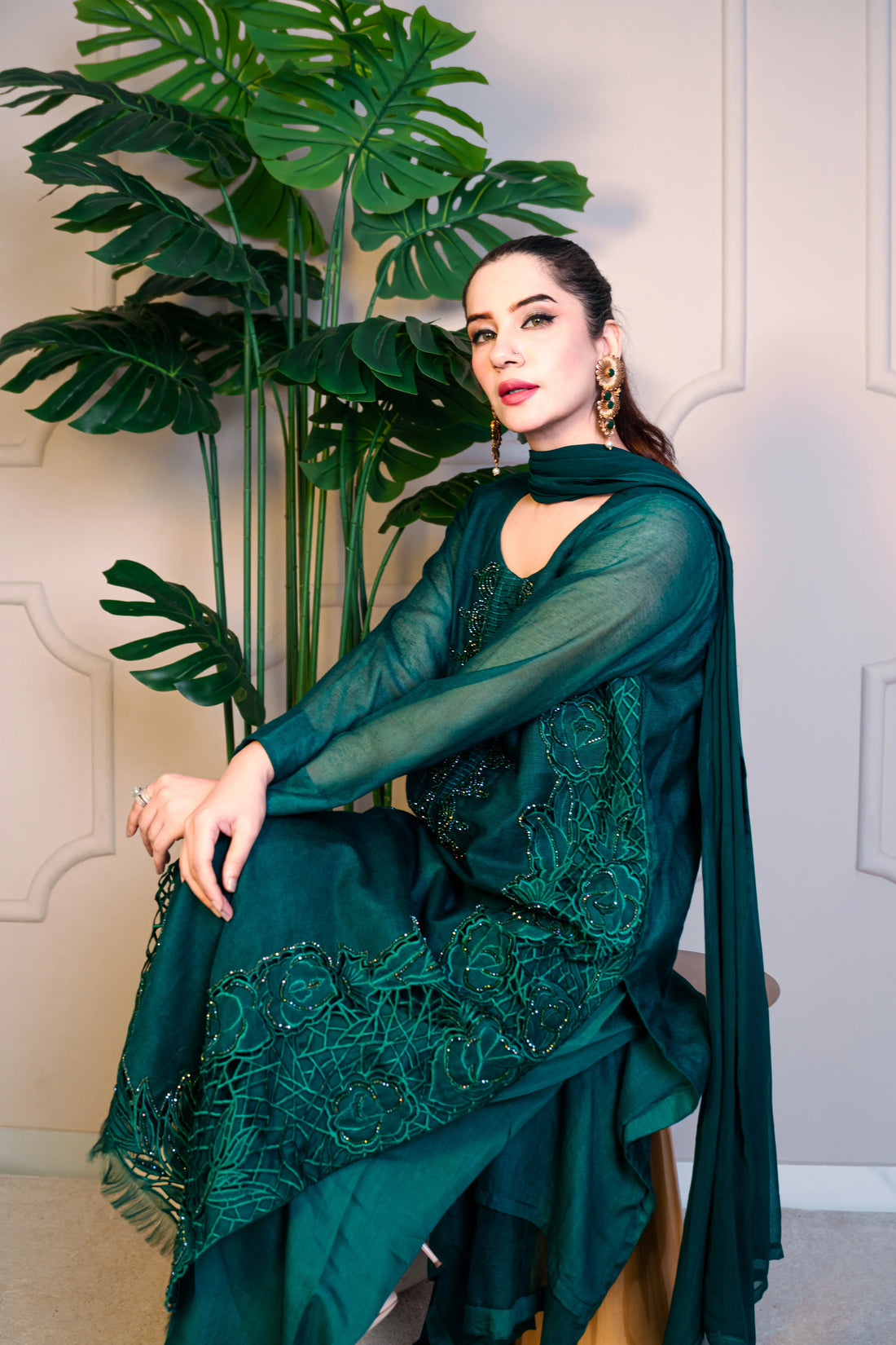 3 Piece Stiched Jade Green Silk Suit (Pret)