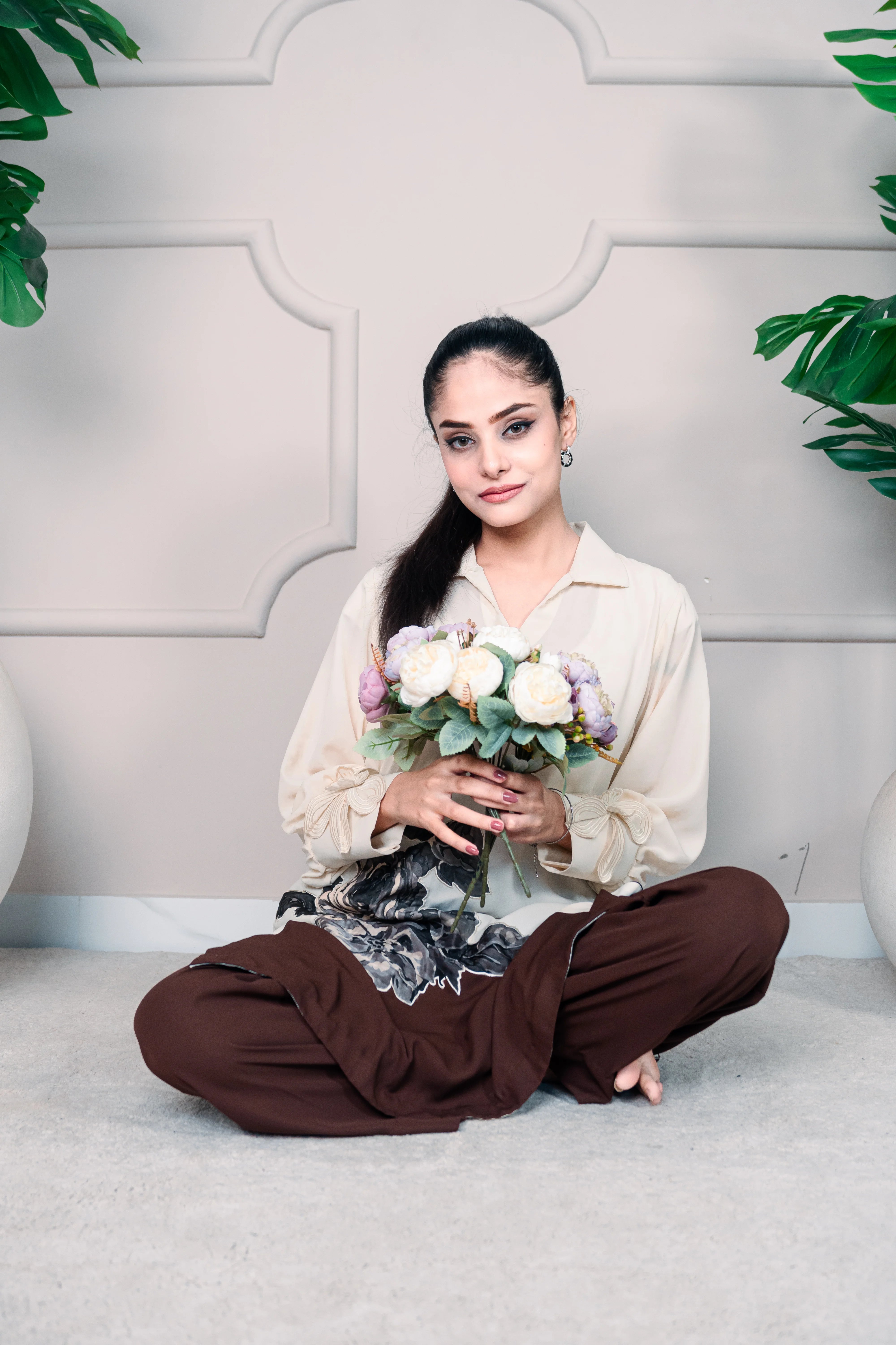 2 Piece Stiched Beige & Deep Brown Silk Suit (Pret)