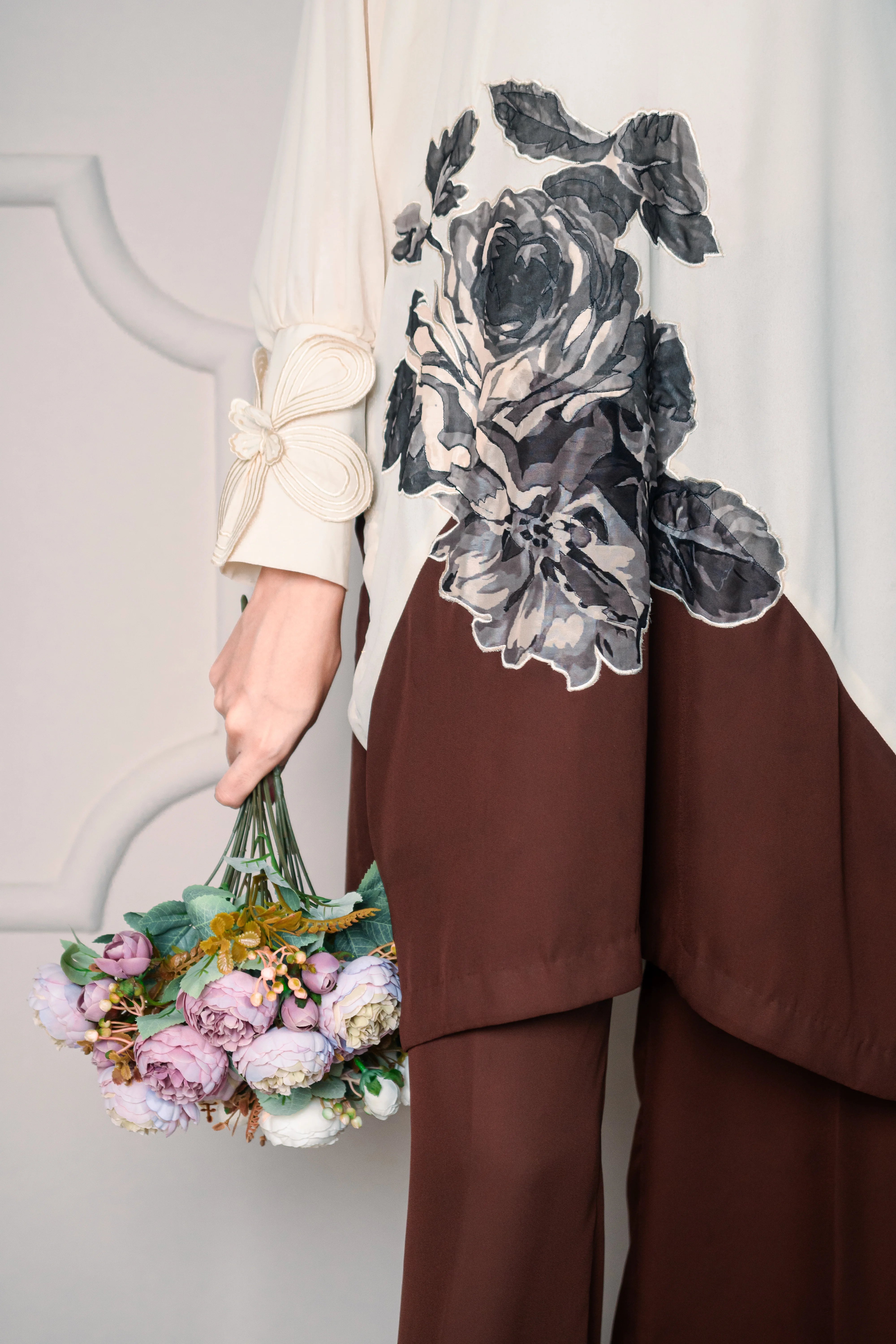 2 Piece Stiched Beige & Deep Brown Silk Suit (Pret)