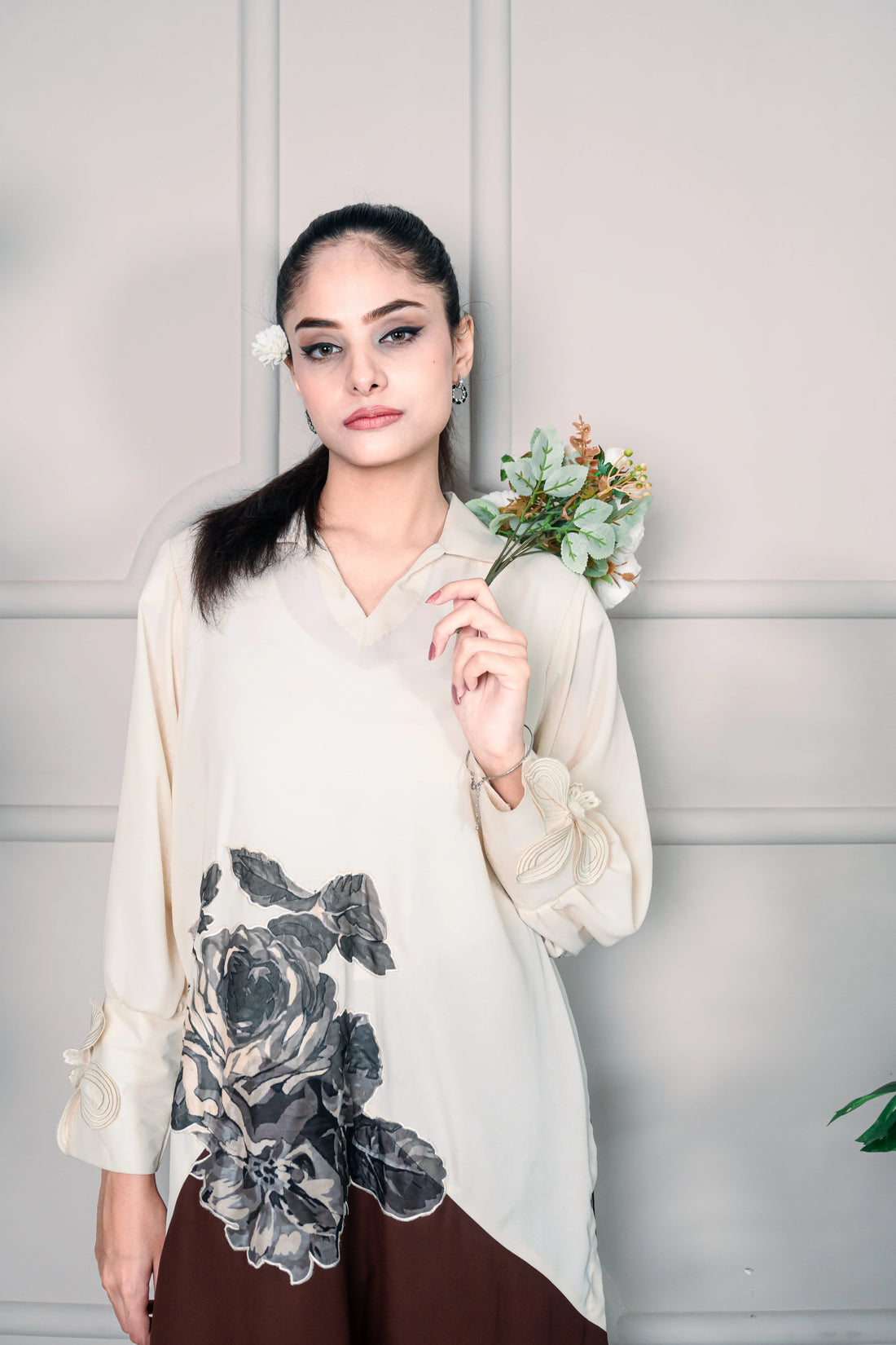 2 Piece Stiched Beige & Deep Brown Silk Suit (Pret)