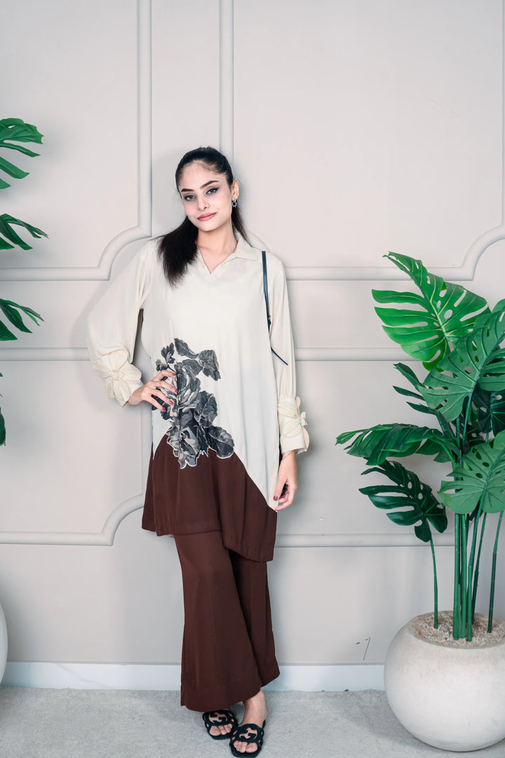 2 Piece Stiched Beige & Deep Brown Silk Suit (Pret)