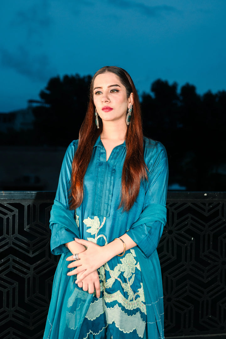 3 Piece Stiched Blue Silk Suit (Pret)