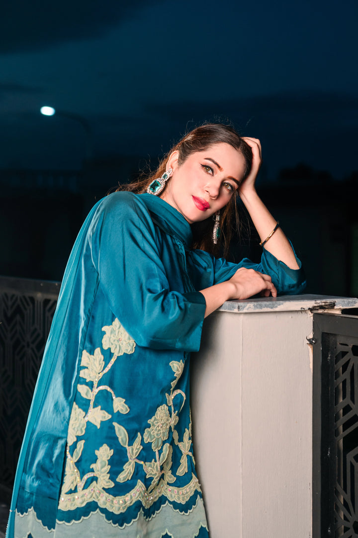 3 Piece Stiched Blue Silk Suit (Pret)