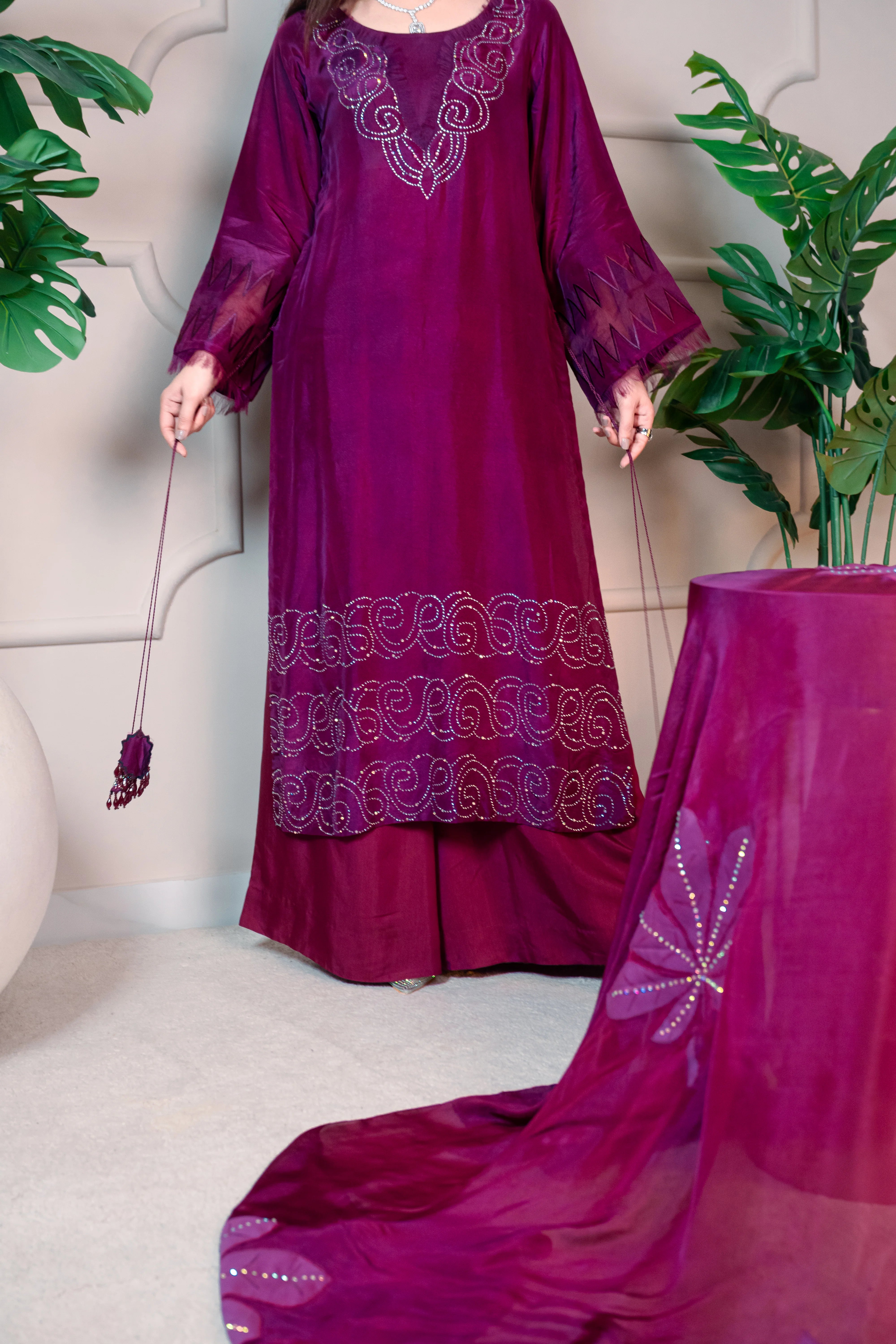 3 Piece Stiched Plum Silk Suit (Pret)