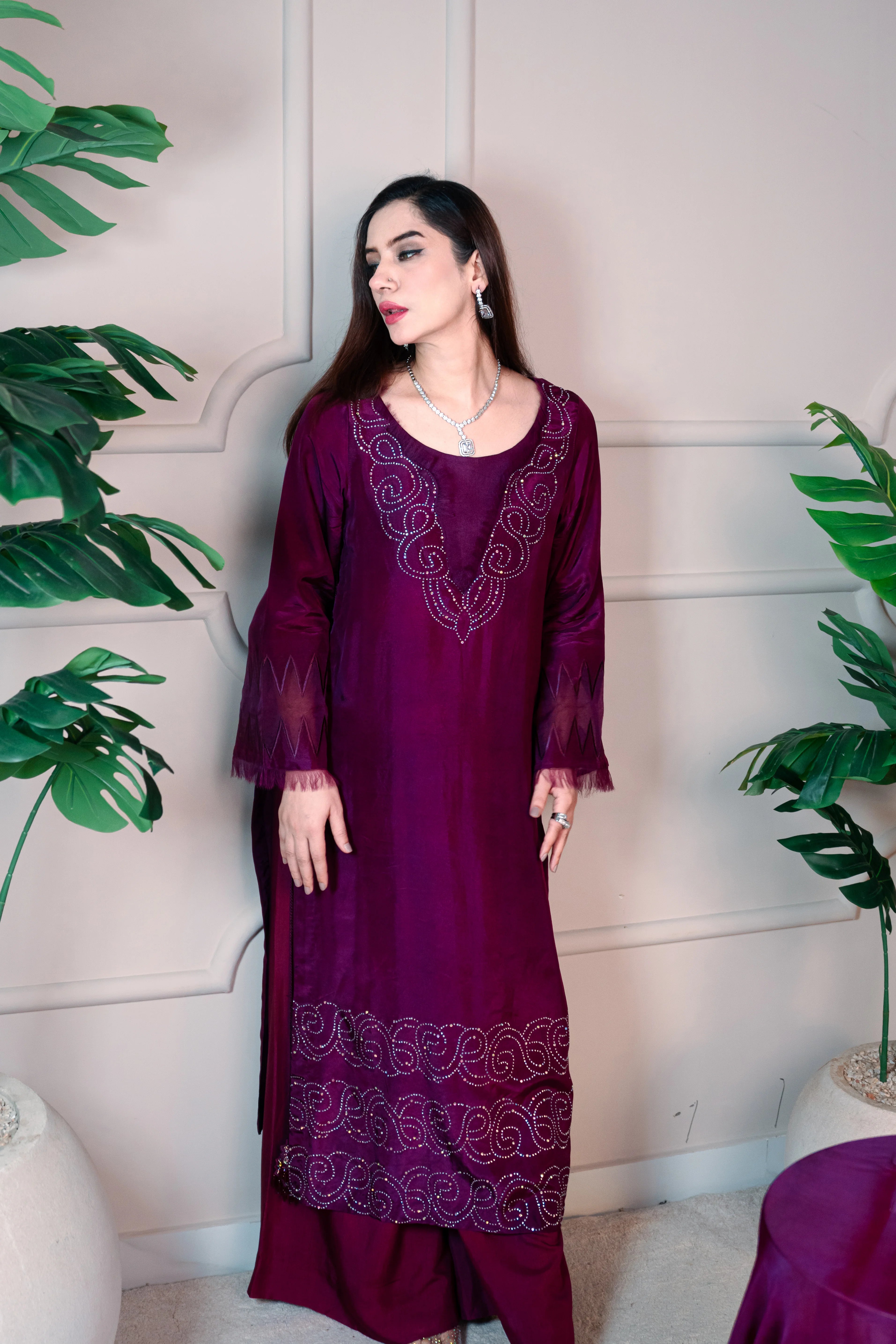 3 Piece Stiched Plum Silk Suit (Pret)