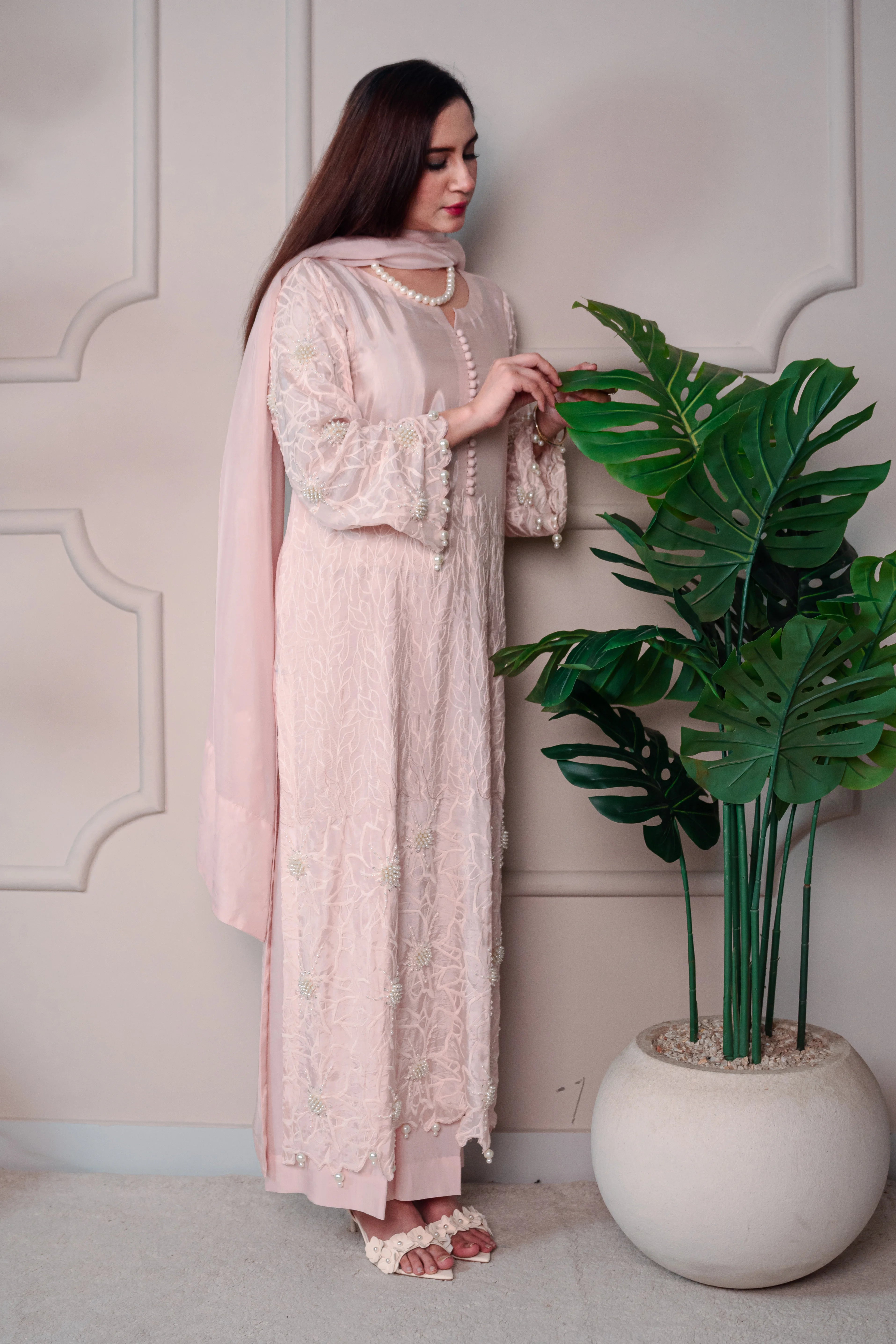 3 Piece Stiched Baby Pink Tussle Silk Suit (Pret)