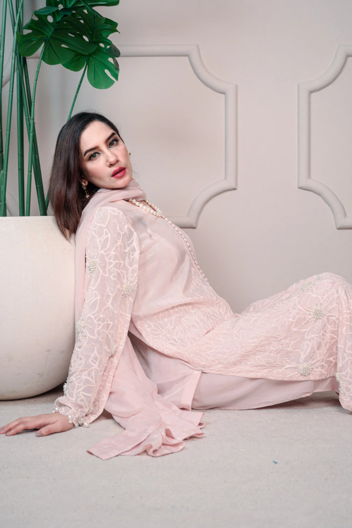 3 Piece Stiched Baby Pink Tussle Silk Suit (Pret)