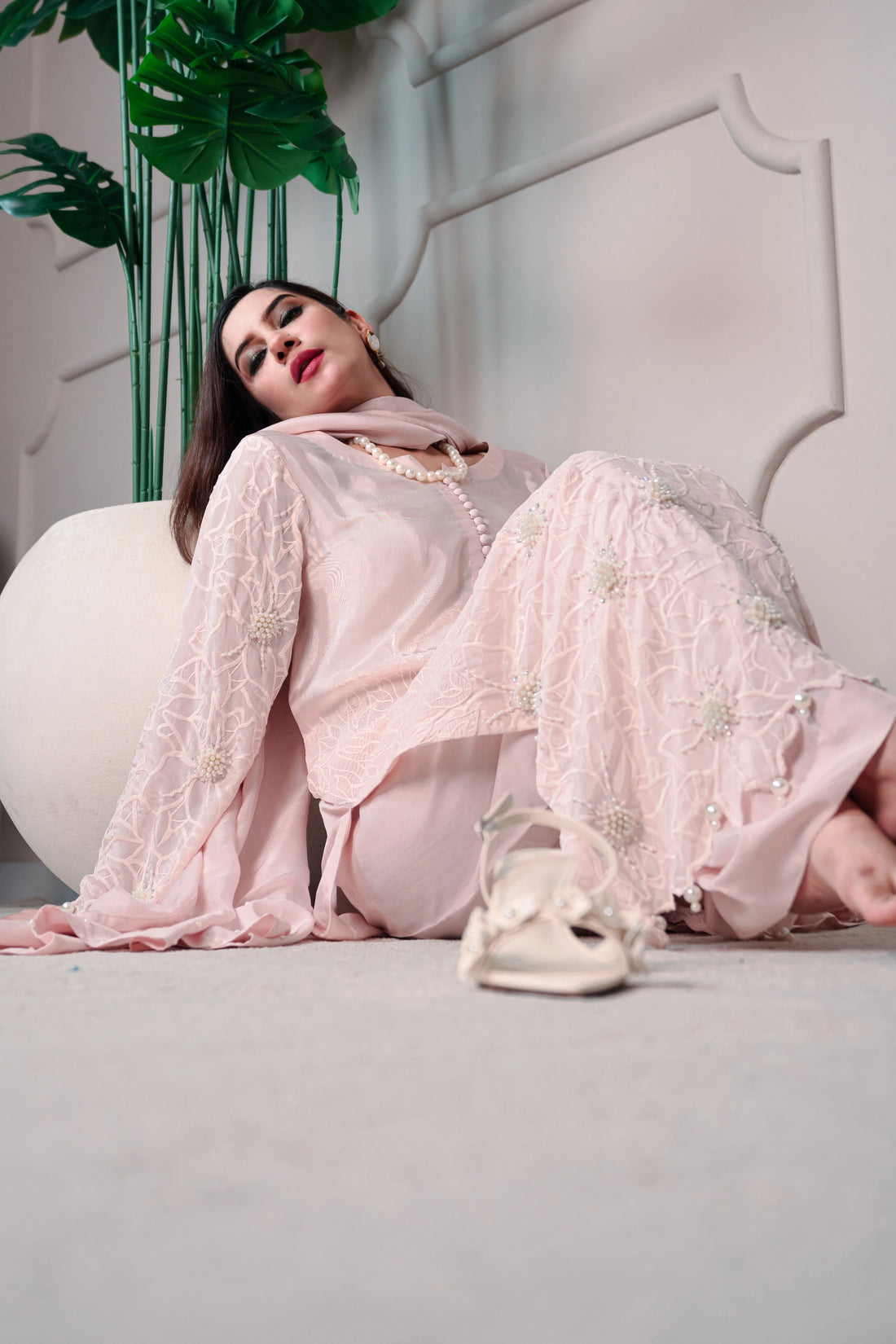 3 Piece Stiched Baby Pink Tussle Silk Suit (Pret)