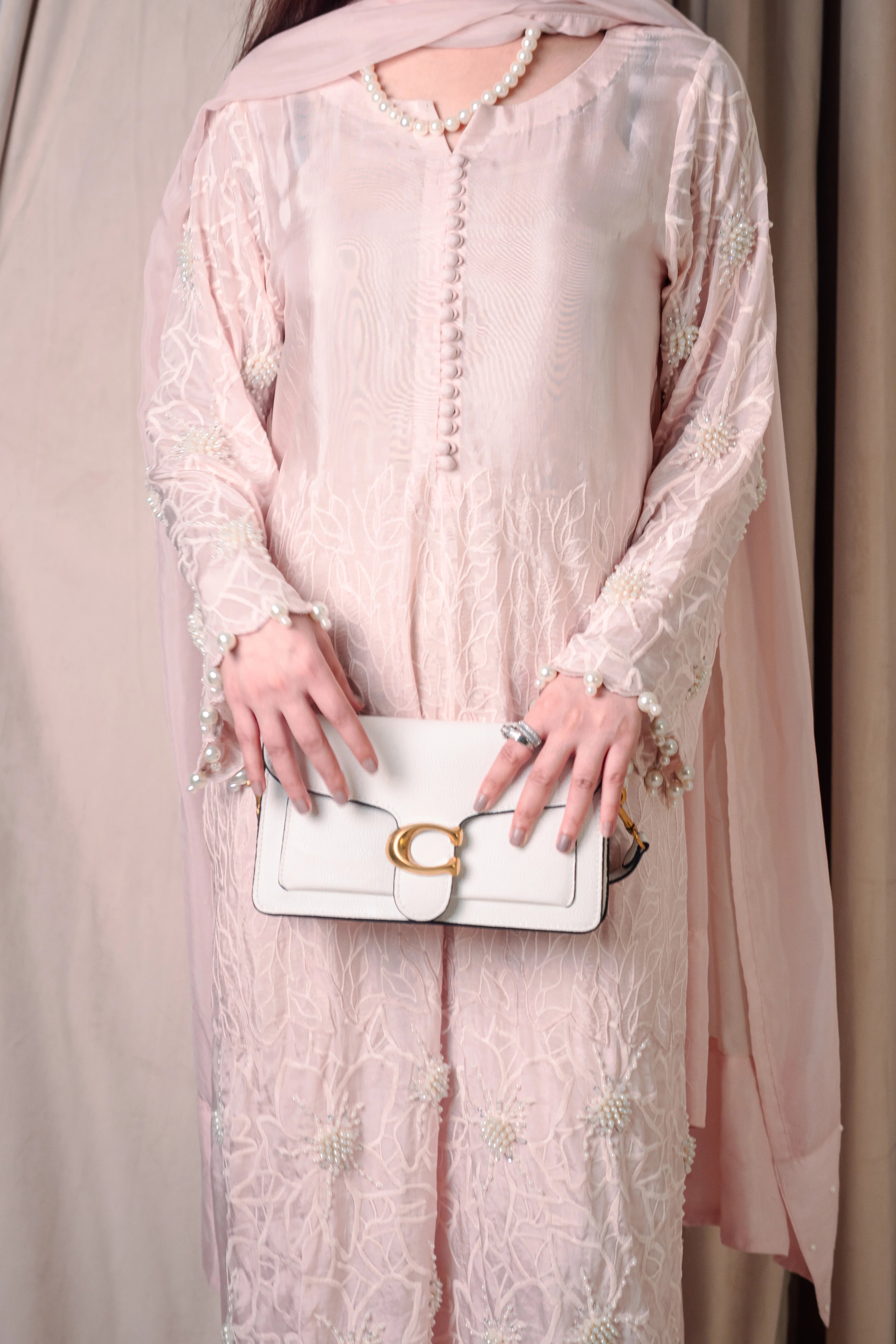 3 Piece Stiched Baby Pink Tussle Silk Suit (Pret)