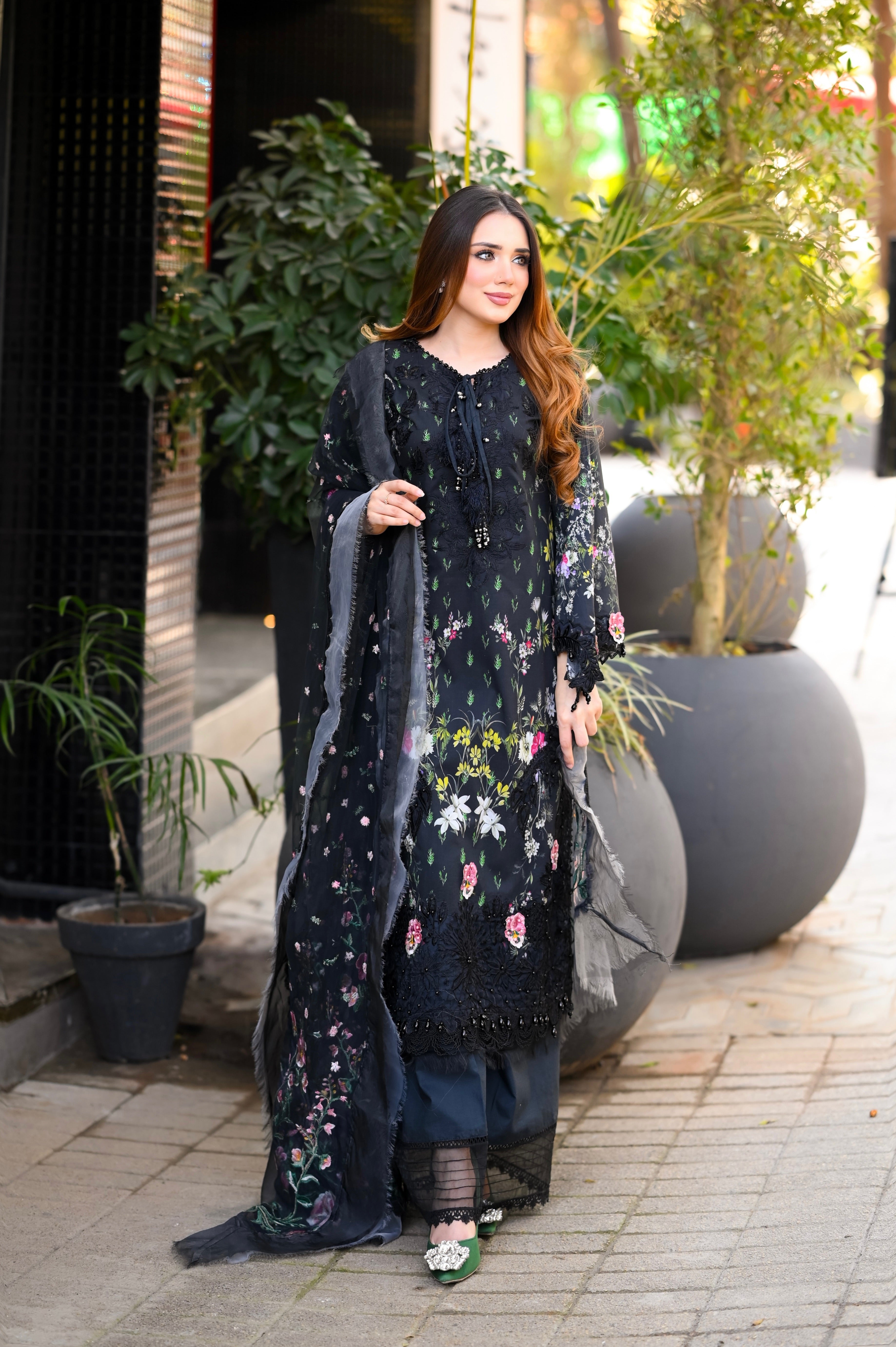 Black Printed Embroidered Long Shirt