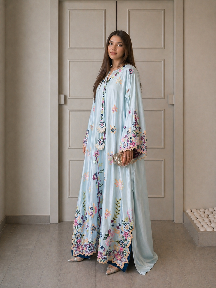 Elegant Floral Embroidered Kaftans for Women – Pastel Blue & Blush Pink Cotton Kaftan Dresses