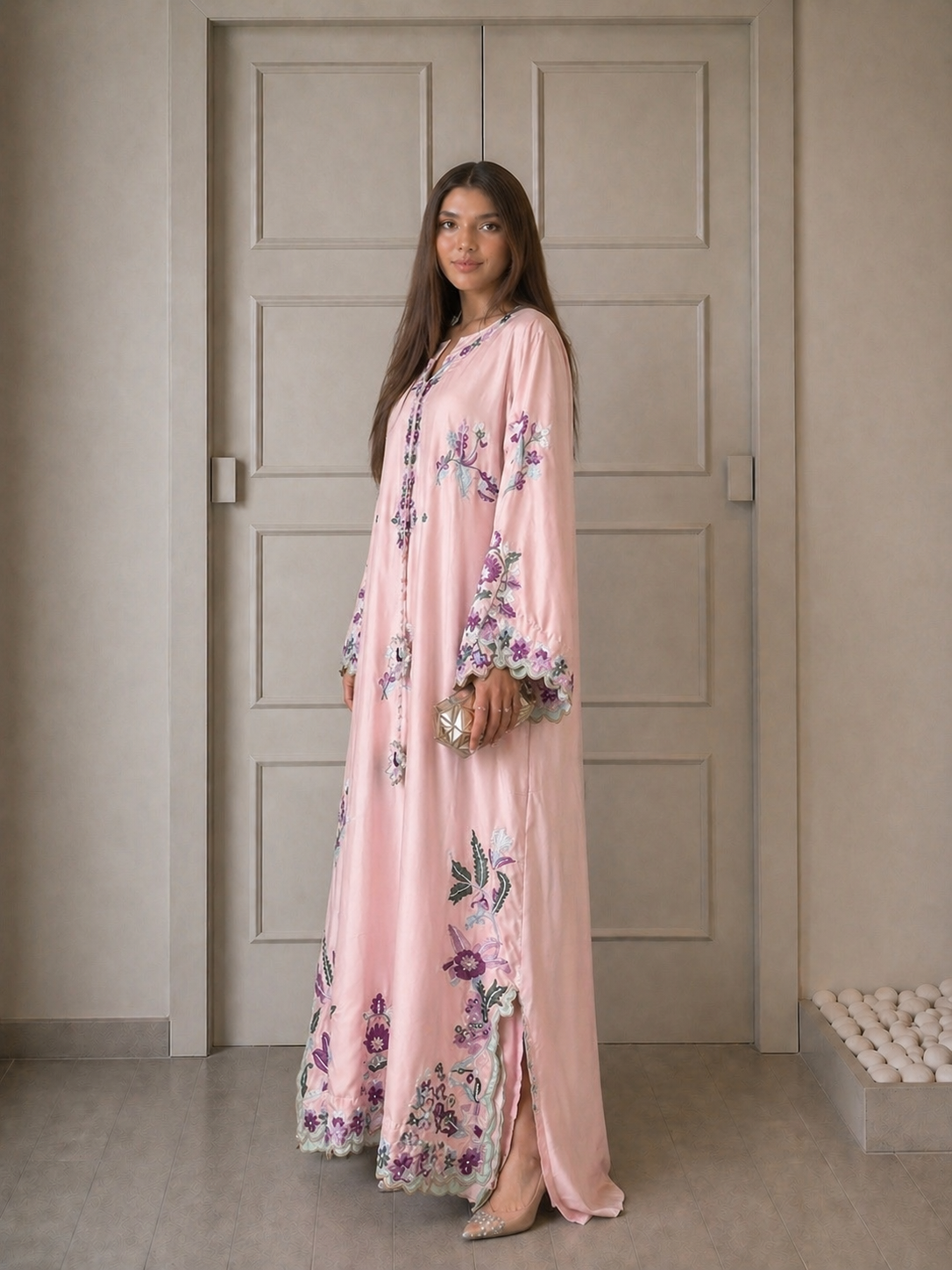 Elegant Floral Embroidered Kaftans for Women – Pastel Blue & Blush Pink Cotton Kaftan Dresses