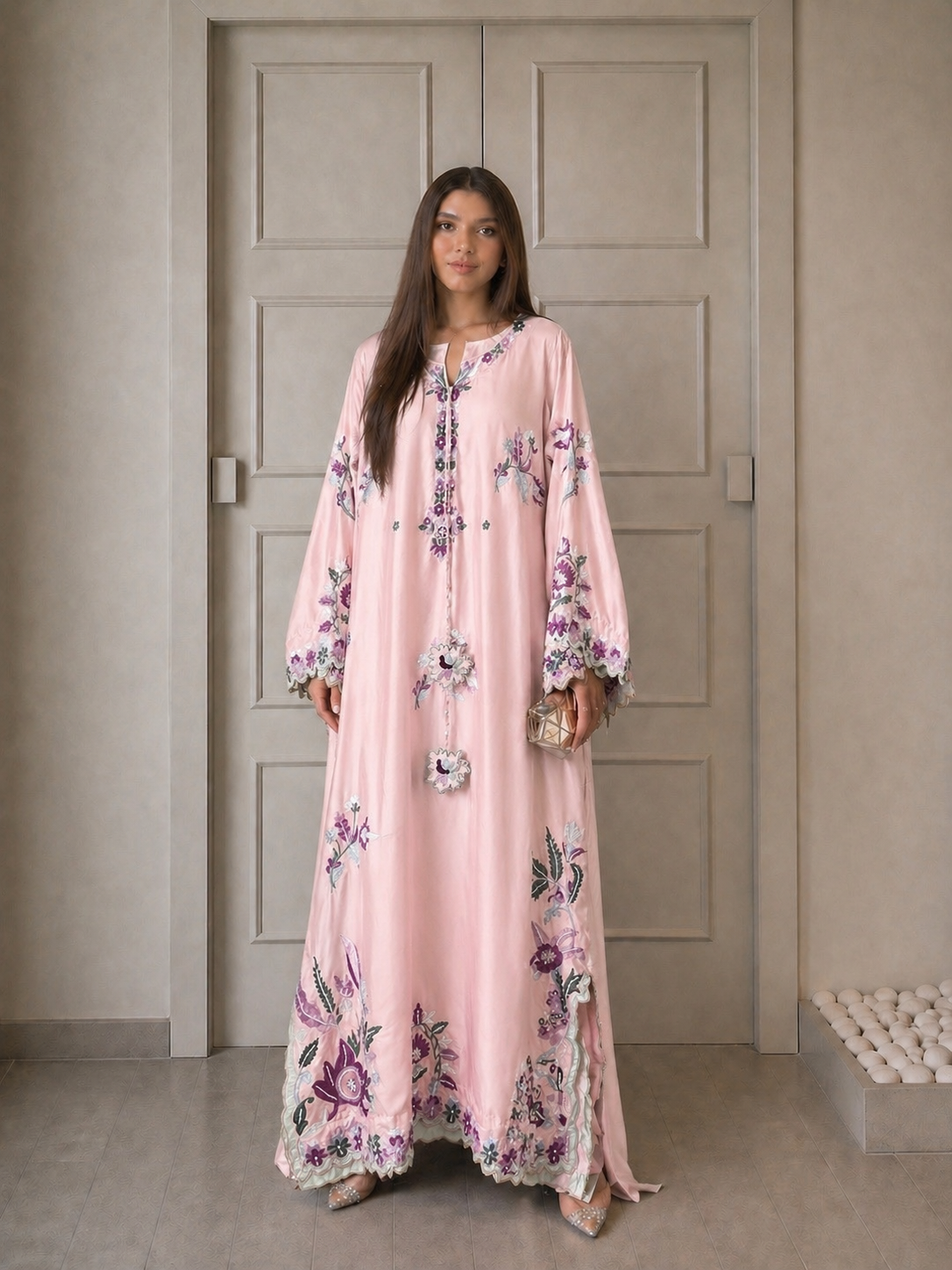 Elegant Floral Embroidered Kaftans for Women – Pastel Blue & Blush Pink Cotton Kaftan Dresses