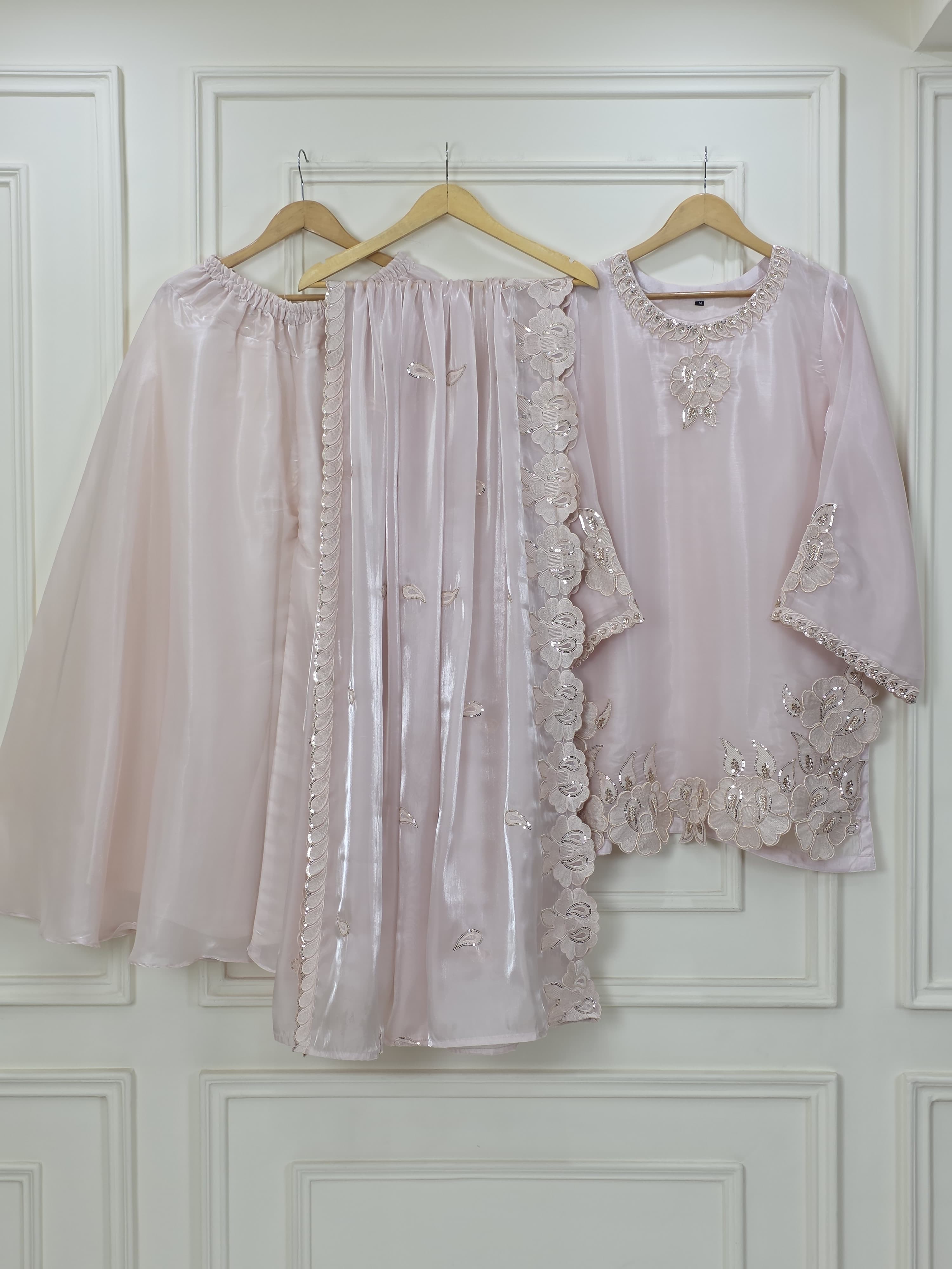Shisha Silk Short Shirt with Appliqué Work & Flair Pants