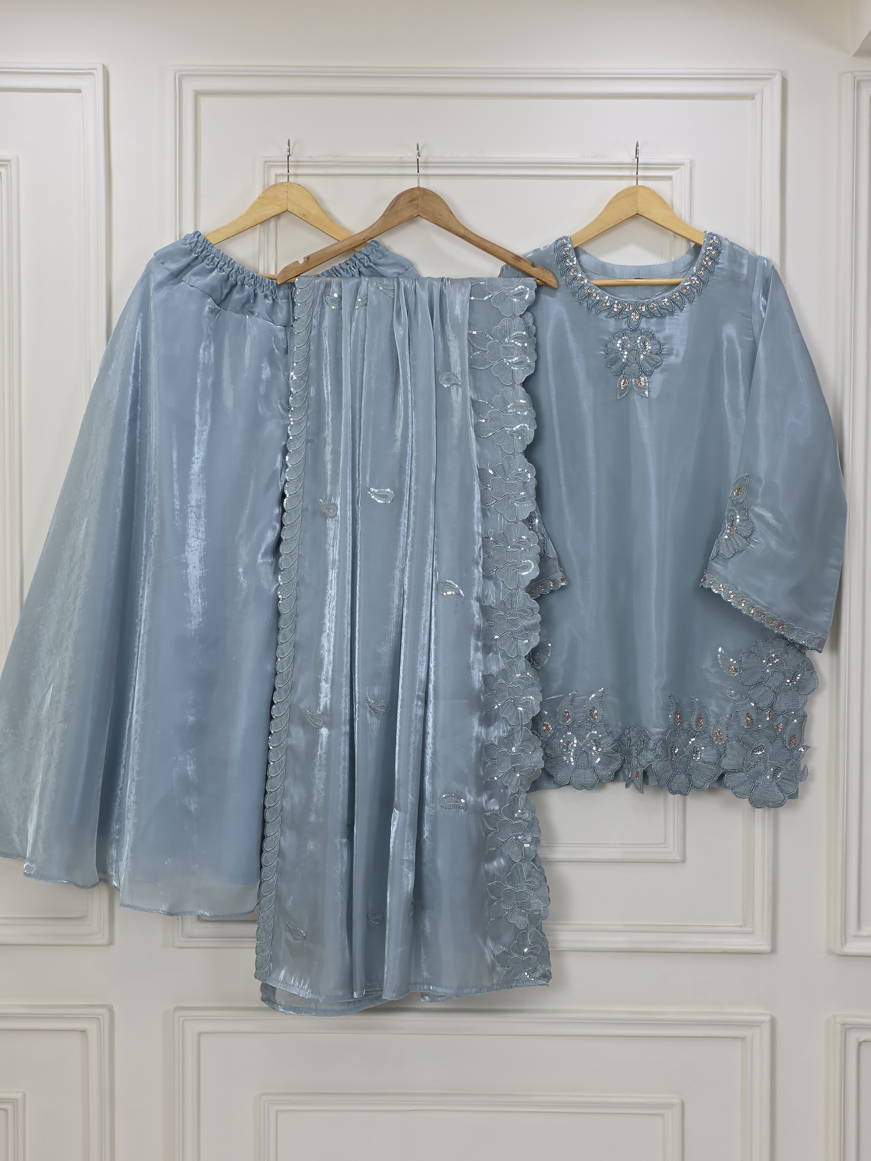 Shisha Silk Short Shirt with Appliqué Work & Flair Pants
