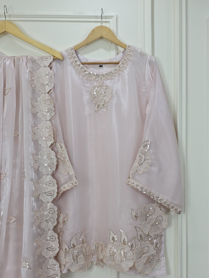 Shisha Silk Short Shirt with Appliqué Work & Flair Pants