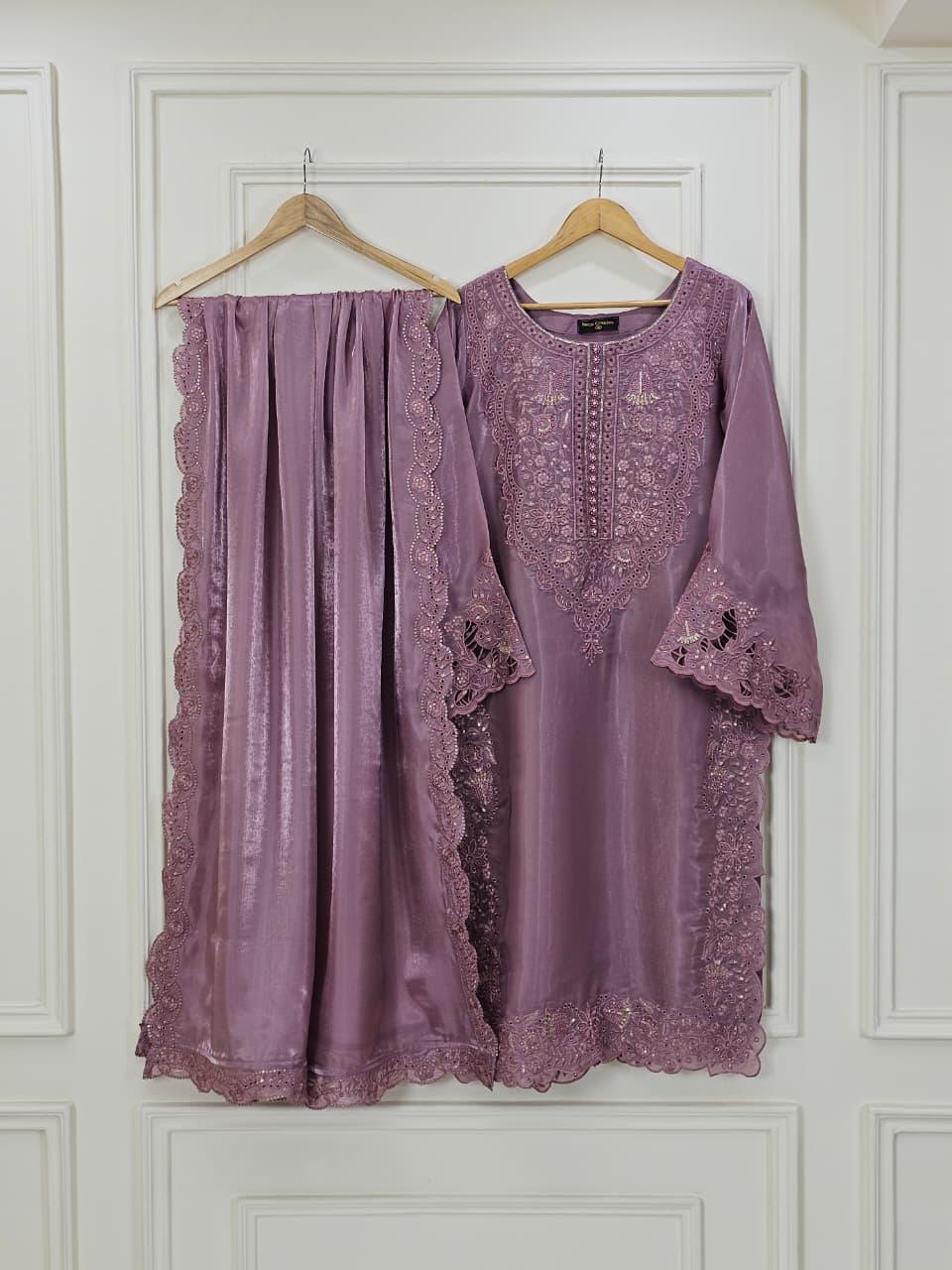 Embroidered Shisha Silk 3 Piece Suit for Women