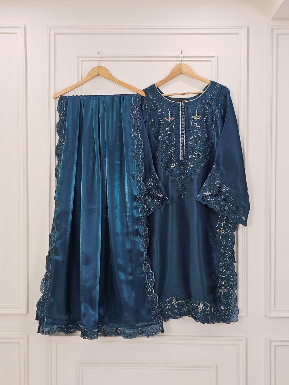 Embroidered Shisha Silk 3 Piece Suit for Women