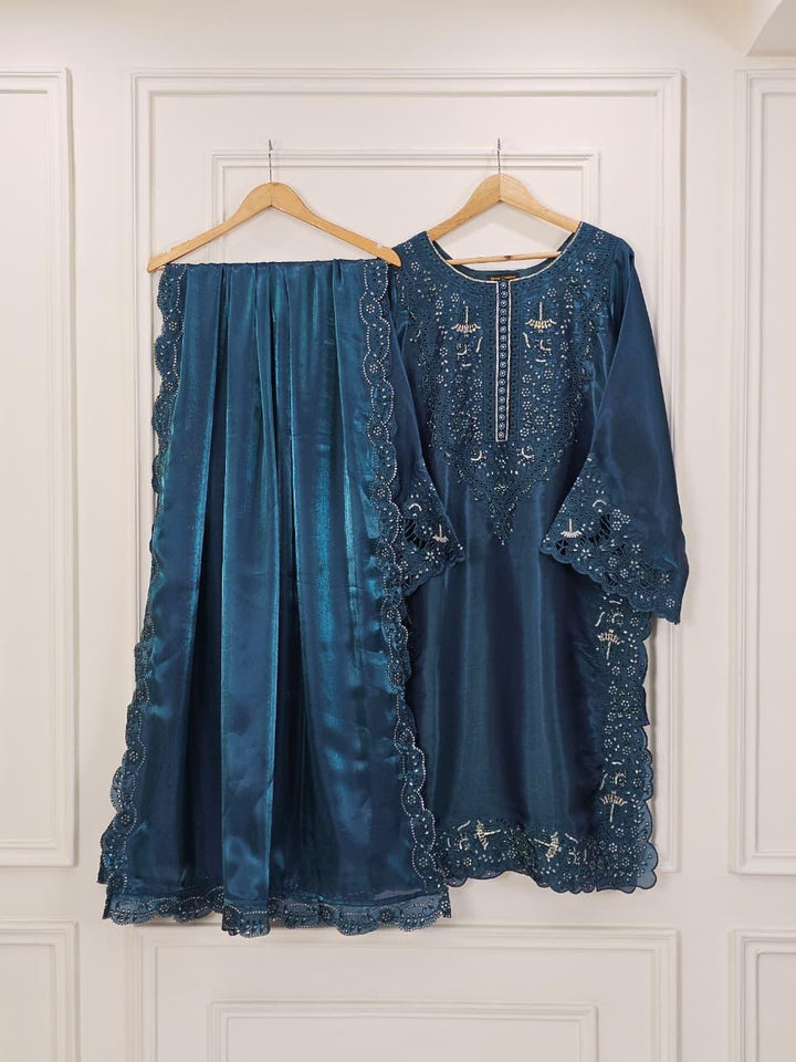 Embroidered Shisha Silk 3 Piece Suit for Women