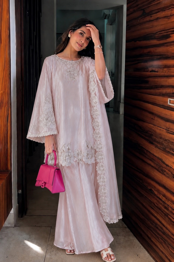 Shisha Silk Short Shirt with Appliqué Work & Flair Pants