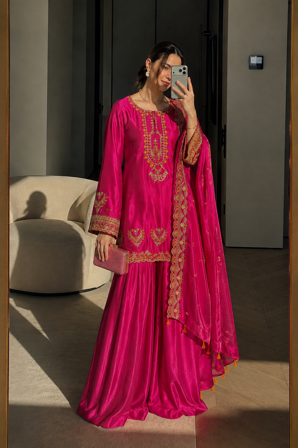 Luxury Shisha Silk 3-Piece Embroidered Suit – Deep Pink