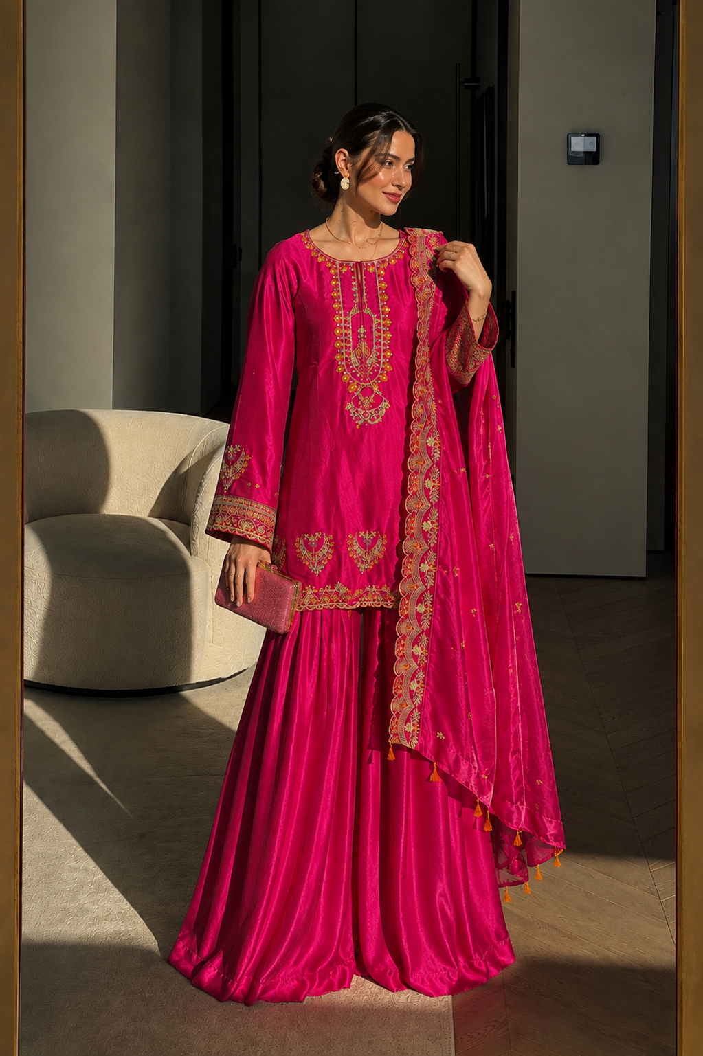 Luxury Shisha Silk 3-Piece Embroidered Suit – Deep Pink