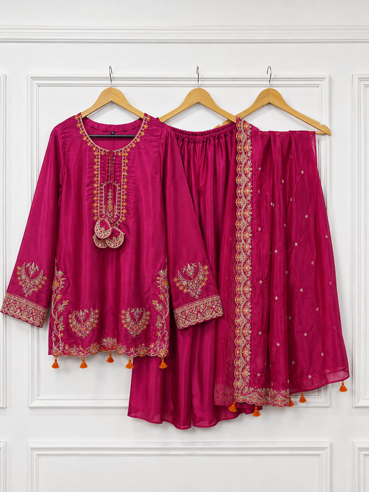Luxury Shisha Silk 3-Piece Embroidered Suit – Deep Pink