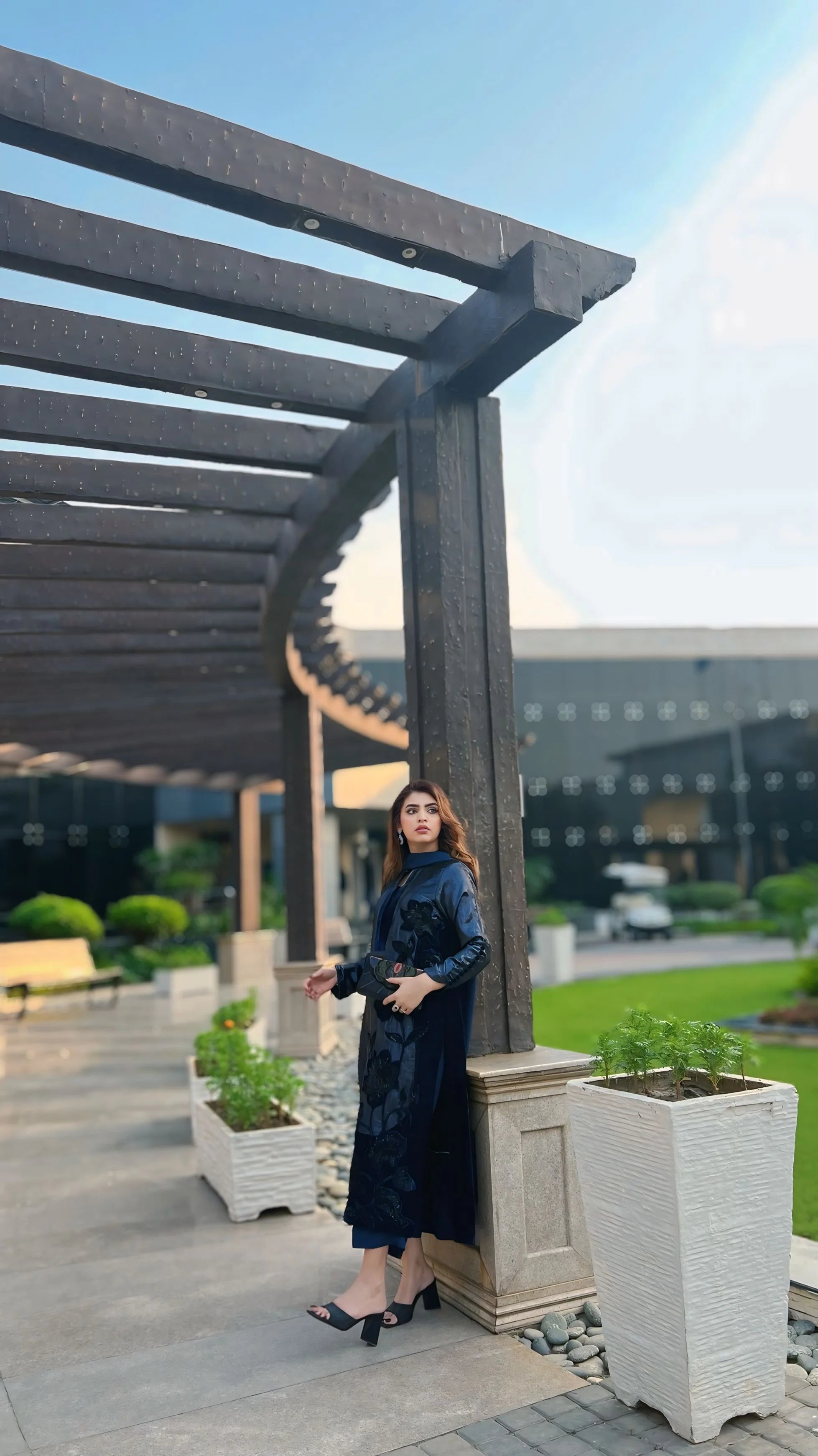 3 Piece Stiched Navy Shimmer & Velvet Suit (Pret)