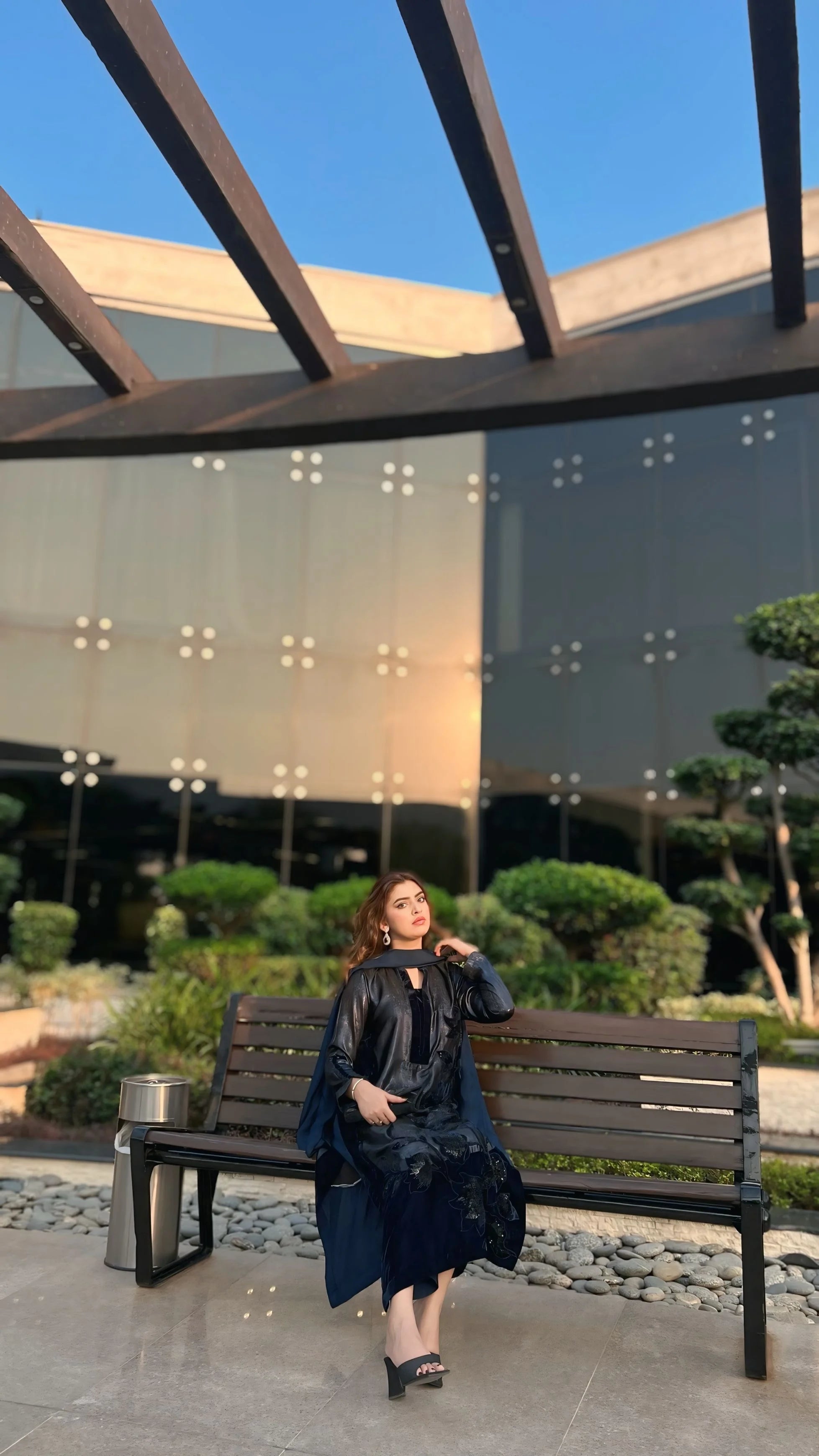 3 Piece Stiched Navy Shimmer & Velvet Suit (Pret)