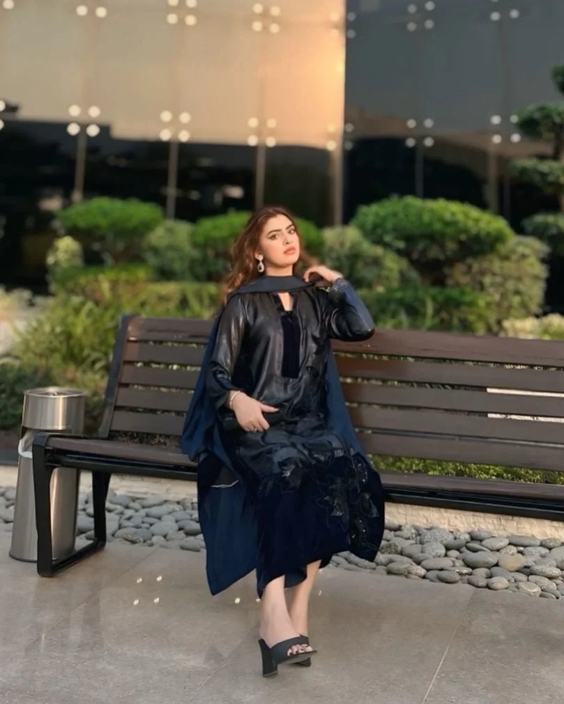 3 Piece Stiched Navy Shimmer & Velvet Suit (Pret)