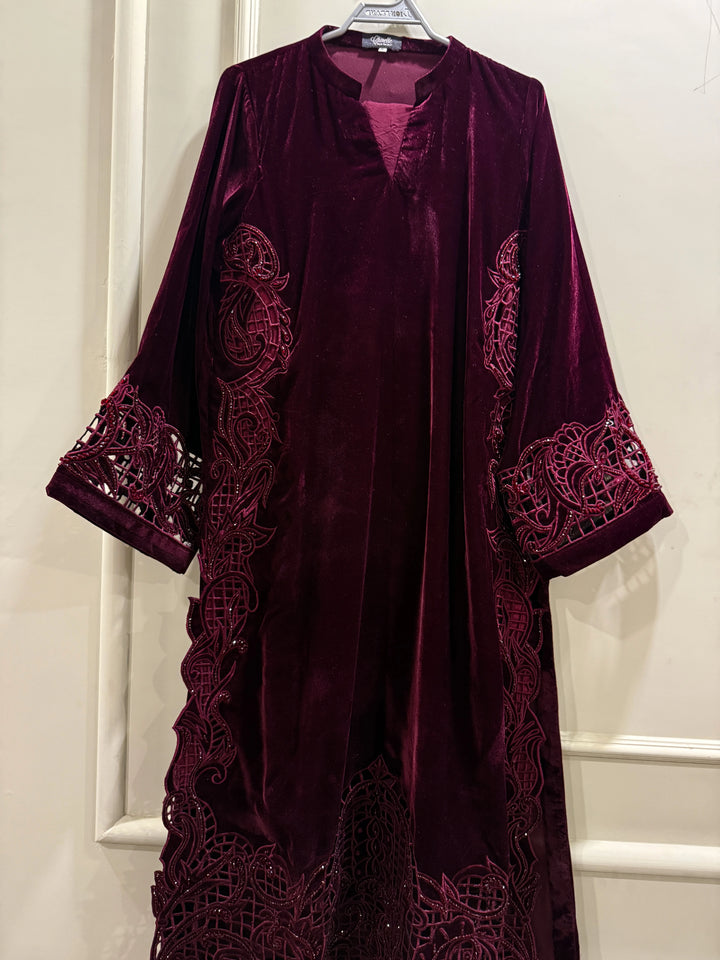 3 Piece Stiched Burgundy Velvet Suit (Pret)