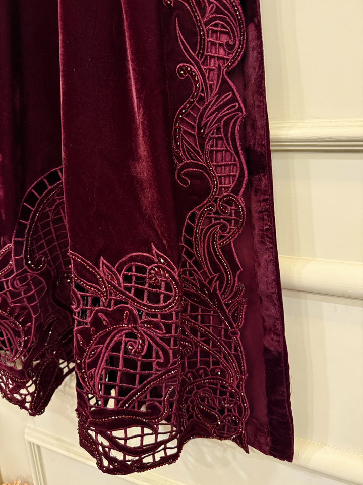3 Piece Stiched Burgundy Velvet Suit (Pret)