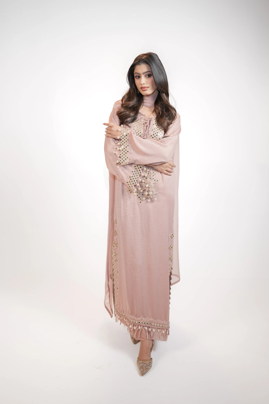 Powder Pink Self Silk 3PC Dress