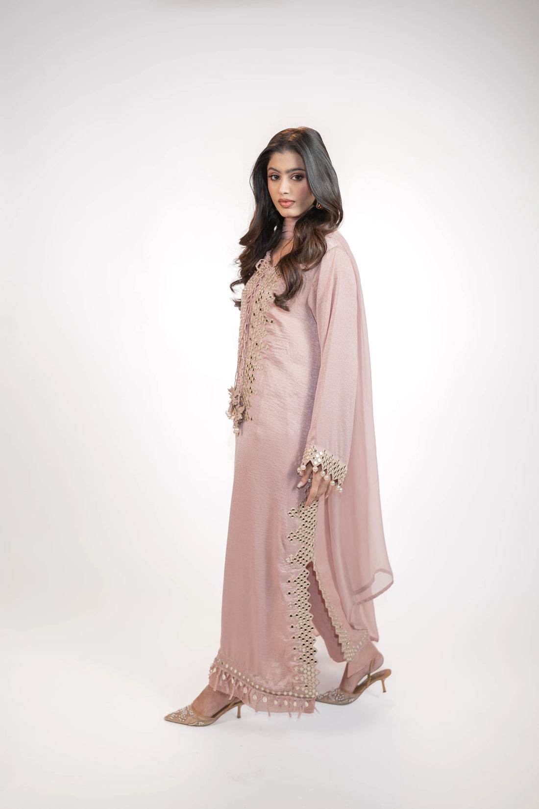 Powder Pink Self Silk 3PC Dress