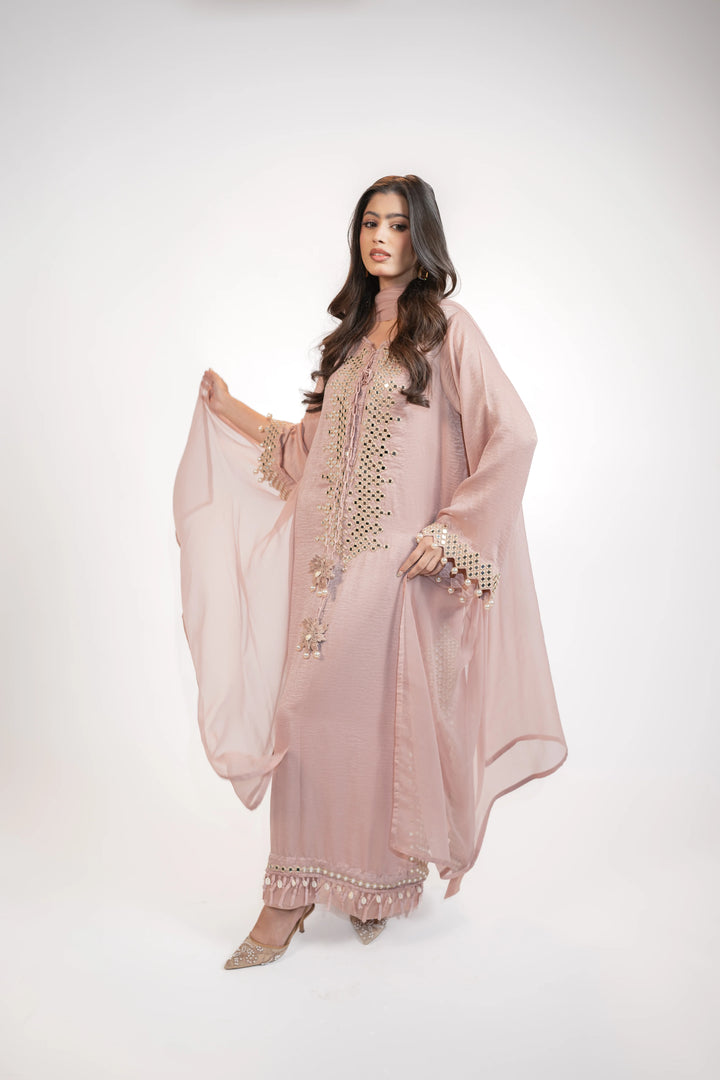 Powder Pink Self Silk 3PC Dress