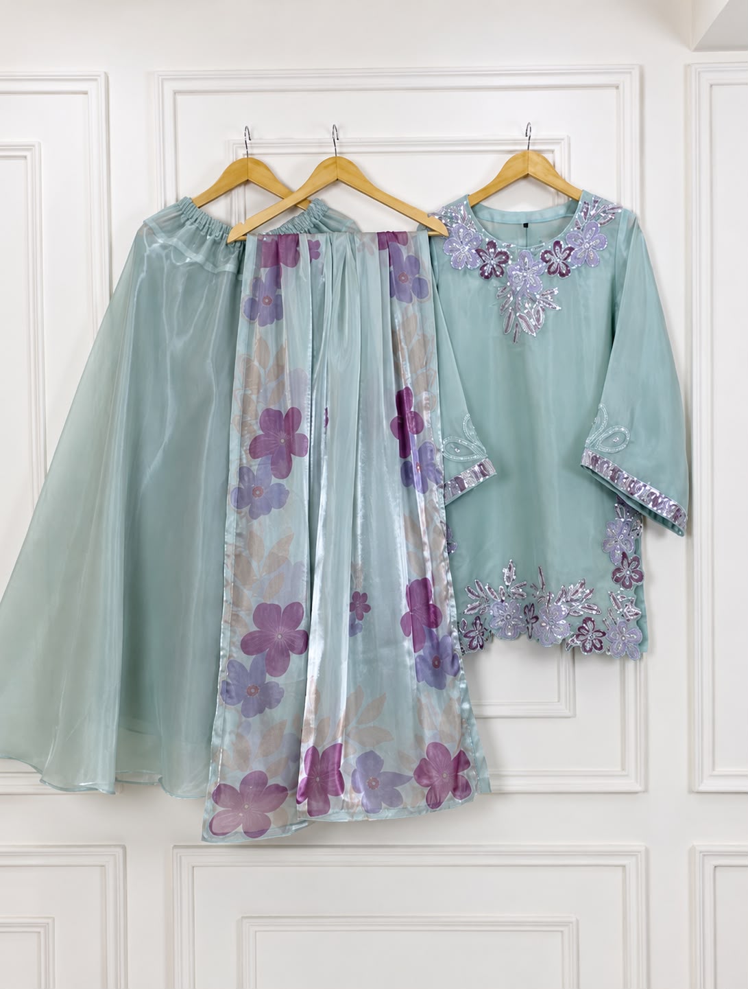 Pastel Blue Embroidered Shisha Silk 3 Piece Suit