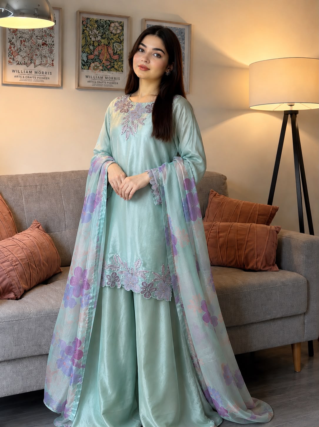 Pastel Blue Embroidered Shisha Silk 3 Piece Suit